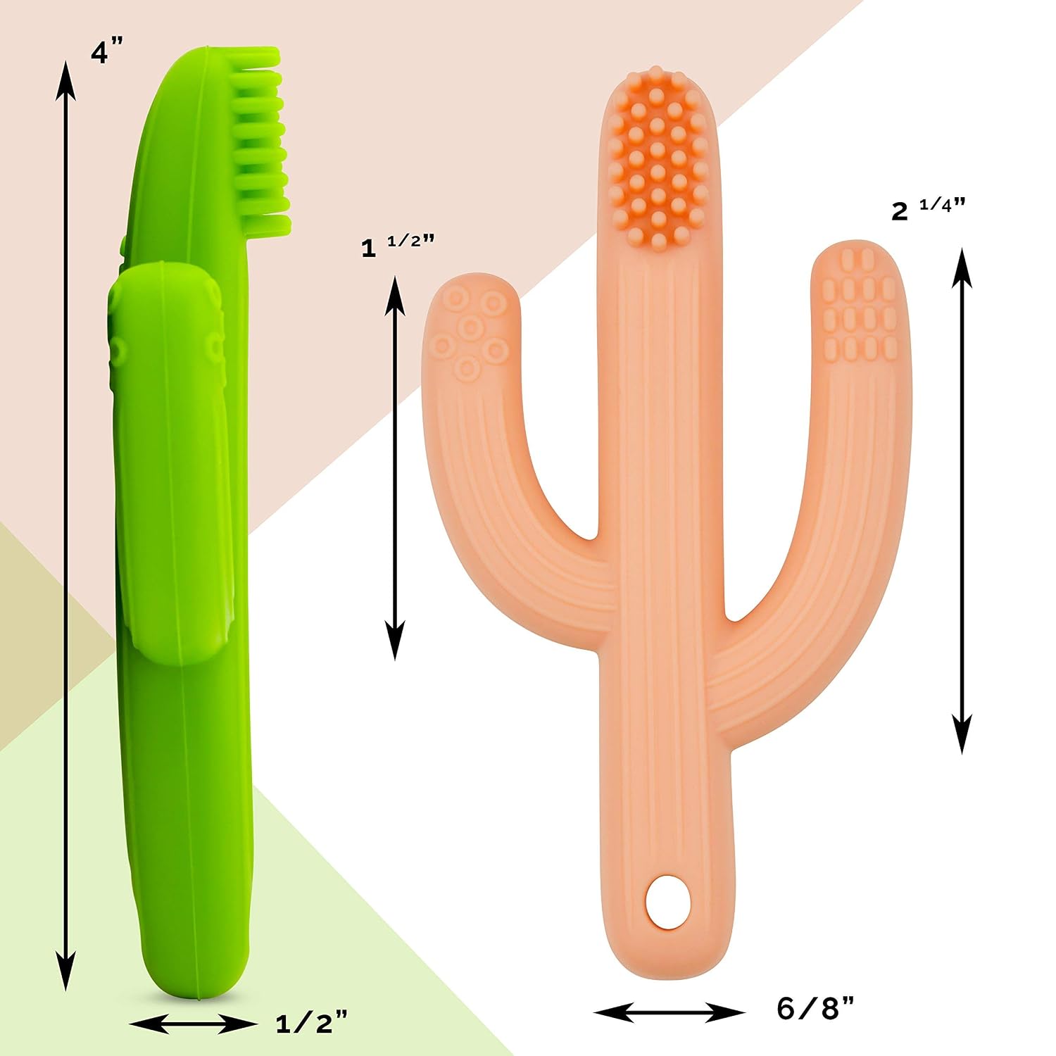 Baby Munka Cactus Infant Teether Soft Baby Training Toothbrush Silicone Flexible (2-Pack) 1-Green 1-Peach 100% BPA-Free