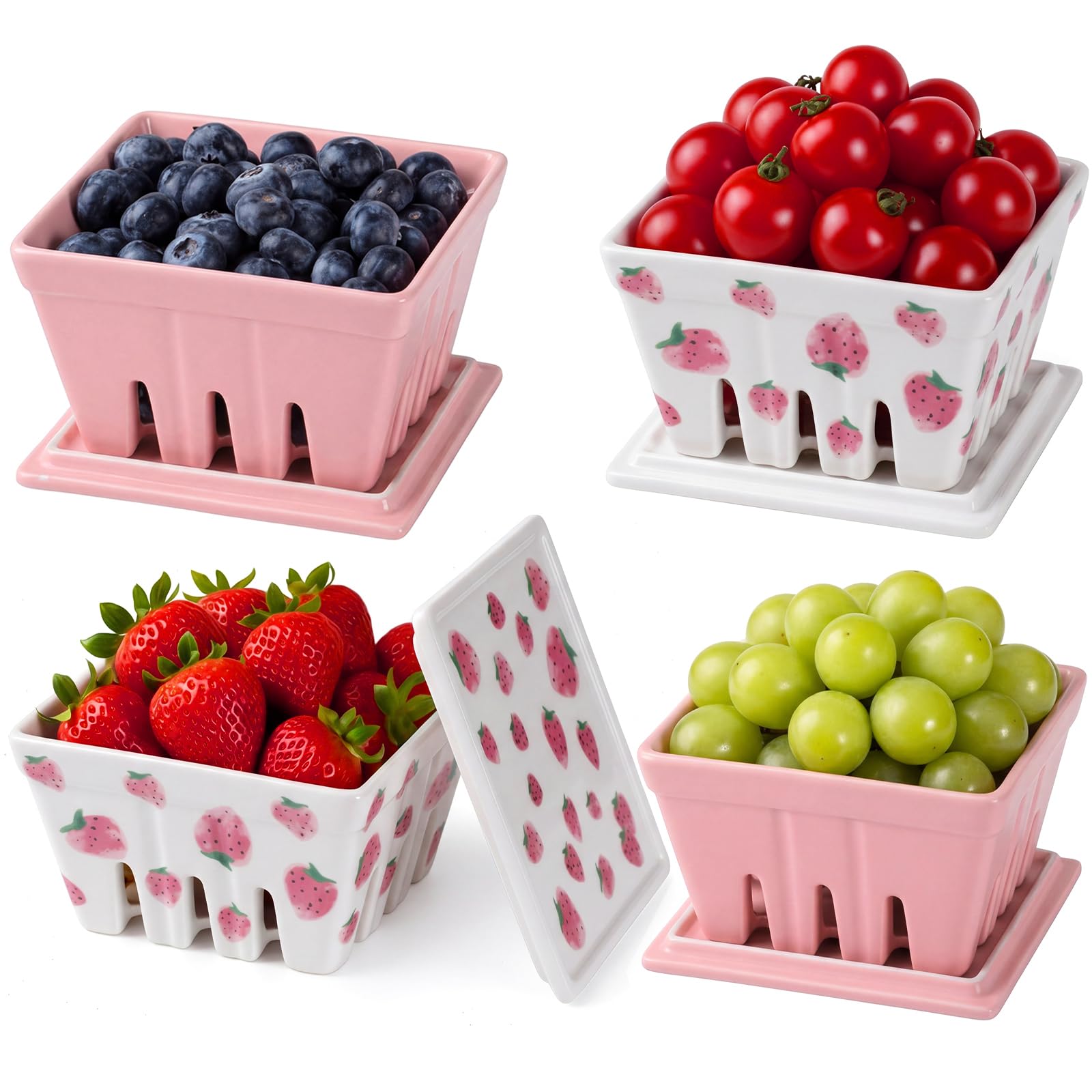 Blushtier 4 Pack Ceramic Berry Basket with Lids, Strawberry, Pink, White