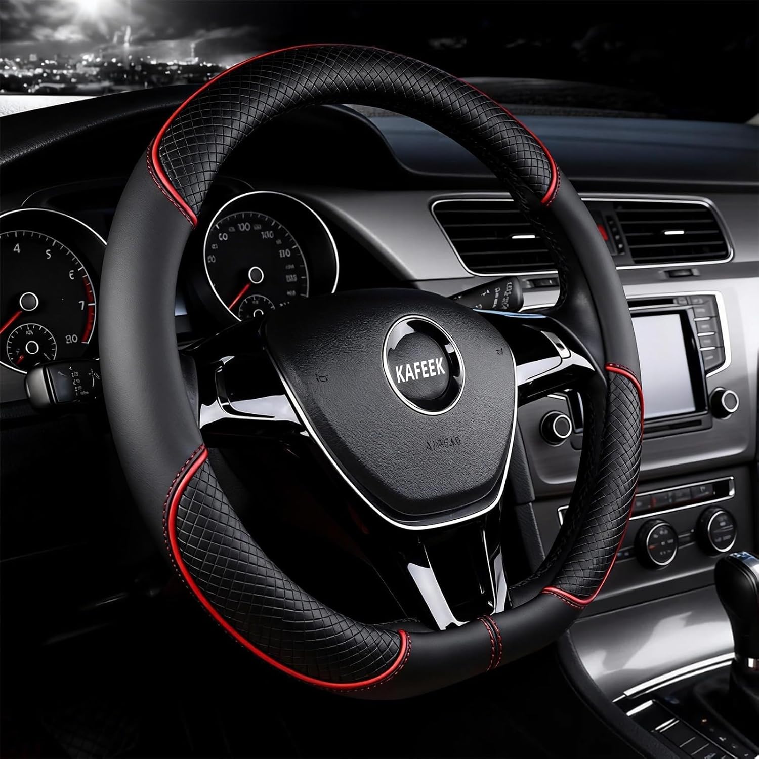 KAFEEK D Shape Steering Wheel Cover Compatible with Nissan Rogue Kicks Altima Sentra, 15 Inch Flat Bottom Car Protector, Anti-Slip Leather Grid Pattern, Black with Red Line