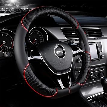 KAFEEK D Shape Steering Wheel Cover Compatible with Nissan Rogue Kicks Altima Sentra, 15 Inch Flat Bottom Car Protector, Anti-Slip Leather Grid Pattern, Black with Red Line