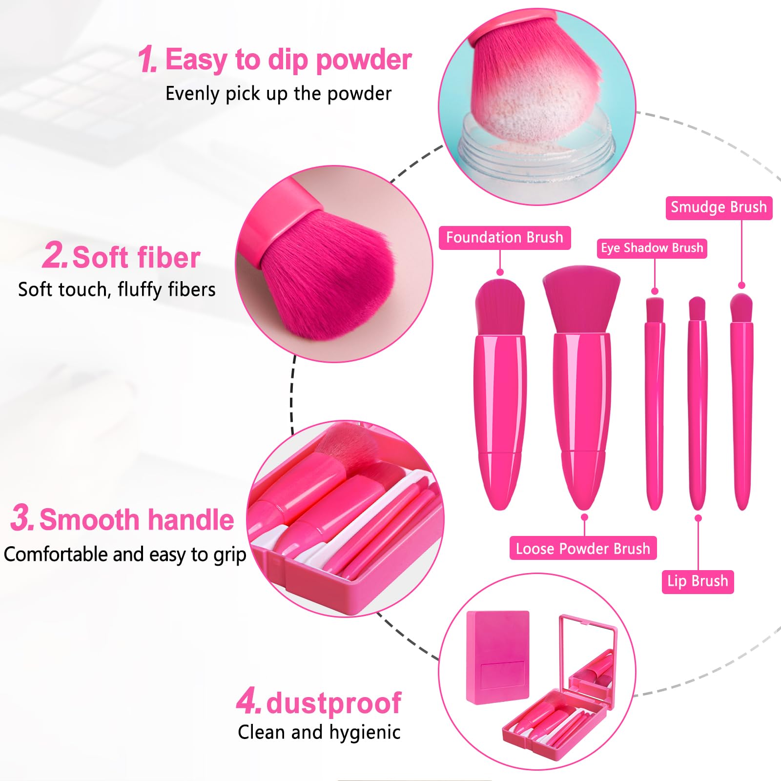 Travel Makeup Brush Set, Portable 5 PCS Mini Makeup Brushes with Mirror, Easy-taken Makeup Tool Set for Eyeshadow Contour - Image 3