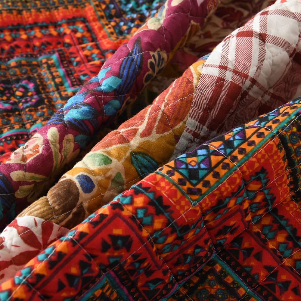 Cotton Bedspread Quilt Sets Reversible Bedding Coverlet Sets 3 Pieces Gorgeous Vintage Damask Red Patchwork Bedspread, Queen Size | Breathable material, Reversible coverlets, Cotton bedspread, Handmade patchwork, Jacquard stitching, Machine washable - Image 9