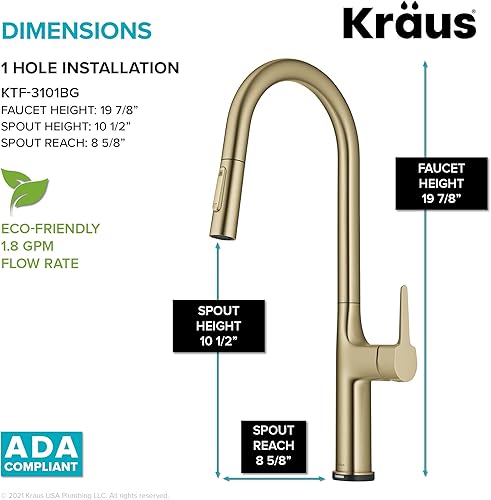 Miniatura 9 de Kraus KTF-3101BG Oletto - Grifo de fregadero de cocina contemporáneo con pulverizador desplegable y un solo mango, 19 78 pulgadas, oro cepillado
