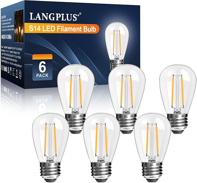 LangPlus+ 6 Pack 2W S14 LED Outdoor Light Bulbs, E27 Base 2700K Warm White LED Edison Light Bulbs for Outdoor String Lights, 2W Equivalent to 20W Incandescent Bulb