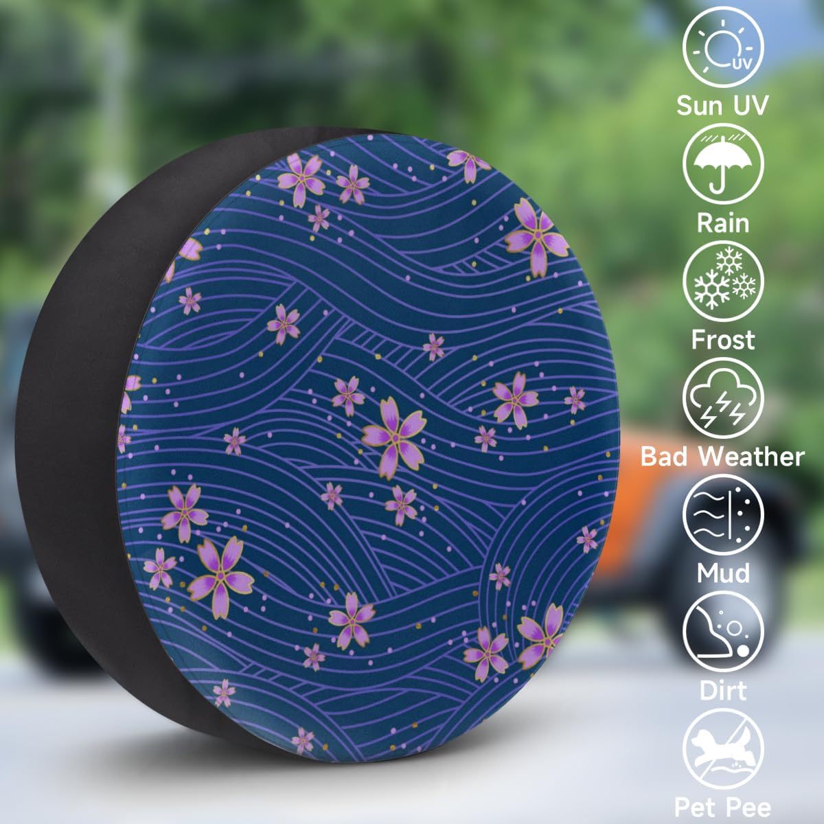 Waves Flowers Tire Covers Portable Spare Tire Cover Soft Durable Waterproof Dustproof Set of 4 Bags 14 Inches for Car Truck SUV Trailer Camper