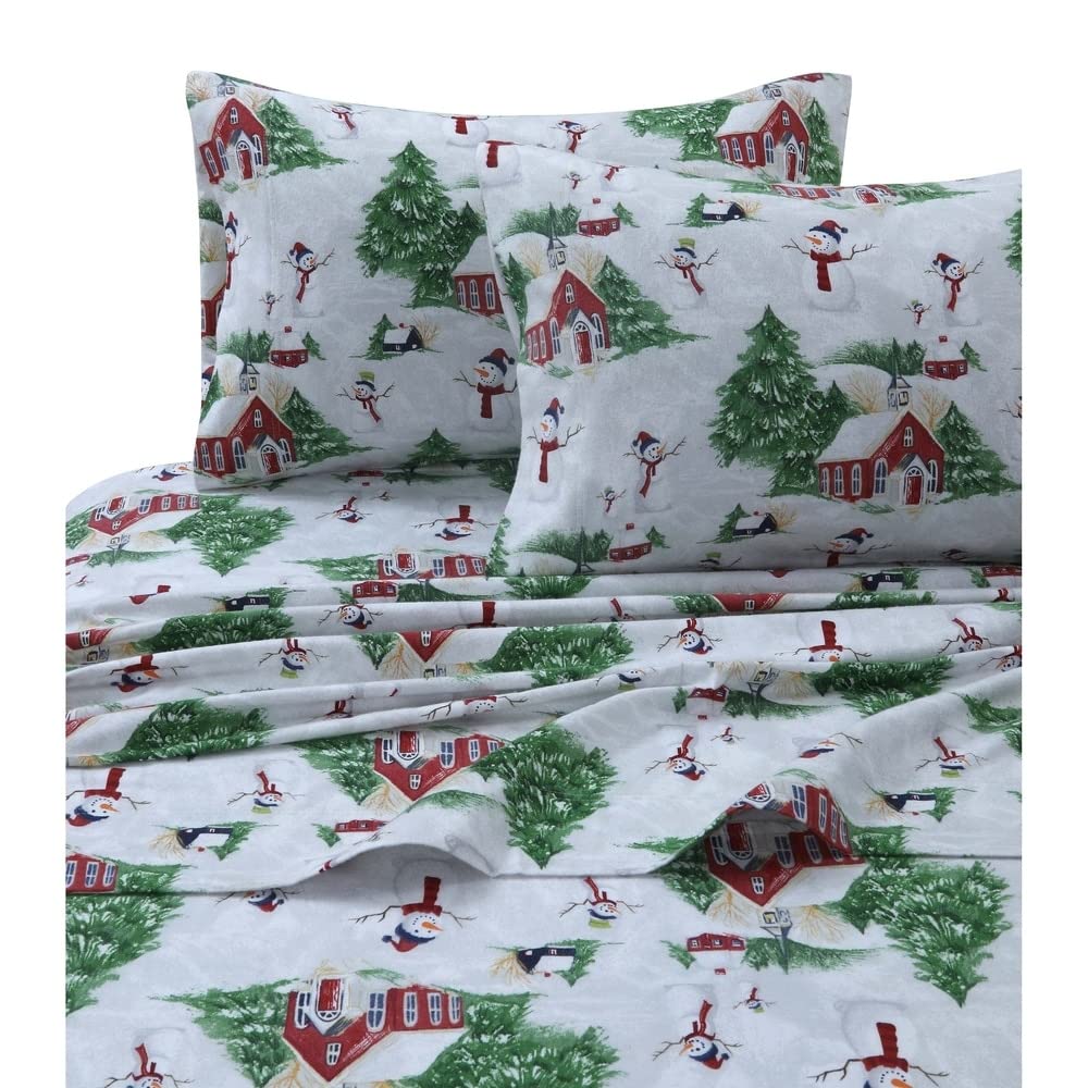 Tribeca Living Snowman Printed Flannel Deep Pocket Sheet Set, Red/Green, Twin XL