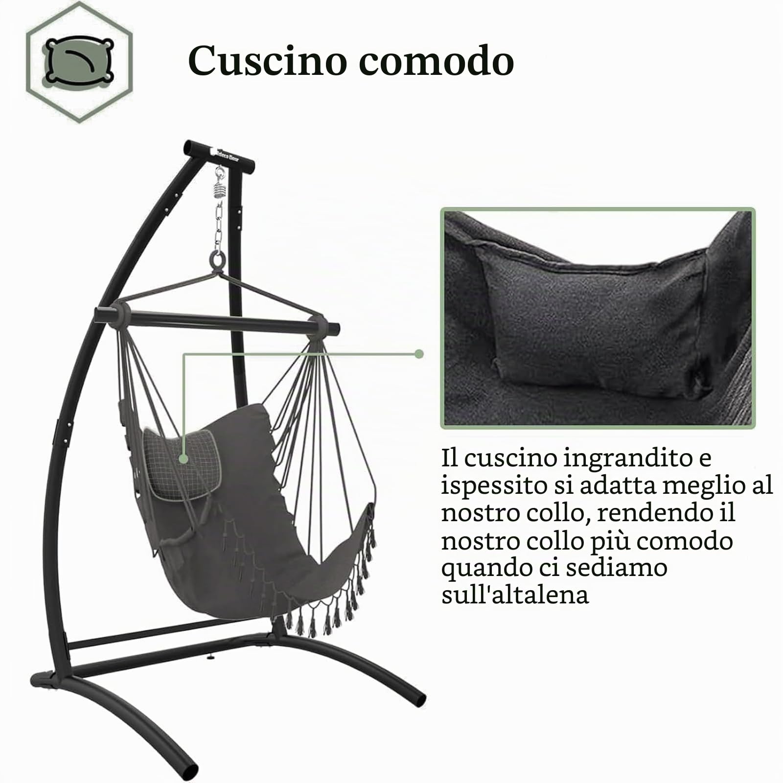 Supporto per Amaca a Sedia a Forma di C, Sedia sospesa con cuscino comodo, Poltrona Sospesa da Giardino,Interno Sedia Dondolo Esterno Sospesa, Carico Fino 150KG