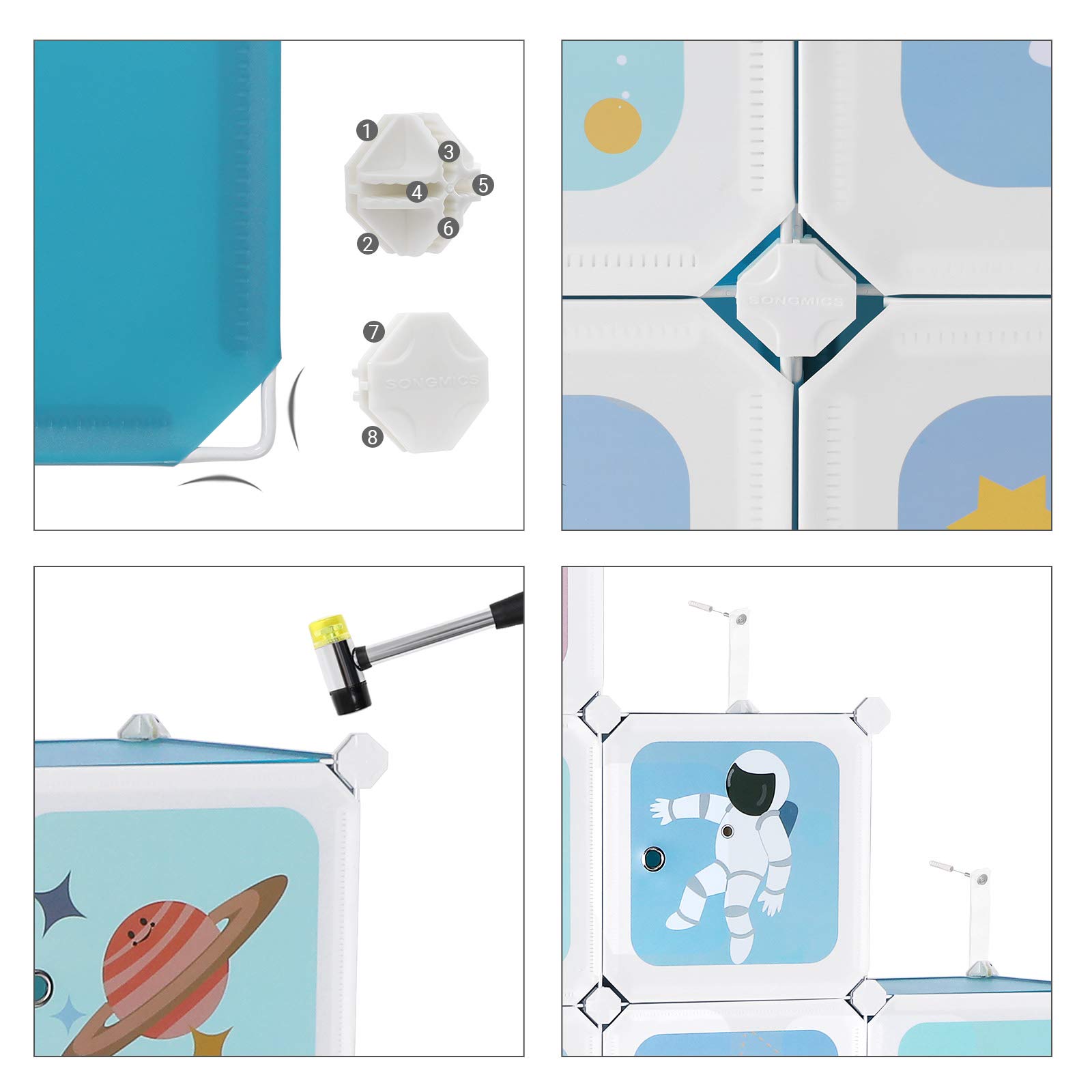 SONGMICS Regalsystem mit 15 Würfeln, Aufbewahrungsschrank für Kinder, Steckregal, Schuhregal aus Kunststoff, Kleiderschrank mit Türen, Mehrzweck, Schuhe, Spielzeug, 153 x 31 x 153 cm, blau LPC902Q01