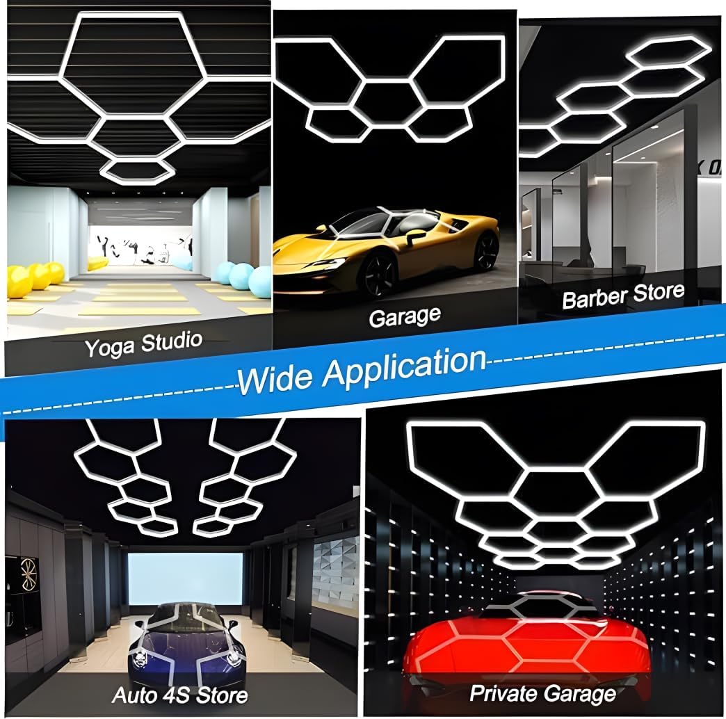 Lámpara de techo LED hexagonal para garaje-11pcs luces de tubo,88W 1.7x1.0m luces LED de techo conectables para taller,garaje,almacén,gimnasio,sala de lavado para el cuidado del automóvil (2-Hex)