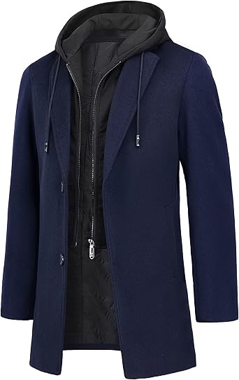 Mens Winter Coat Warm Business Jacket Hooded Wool Blend Coats with Free Detachable Hood