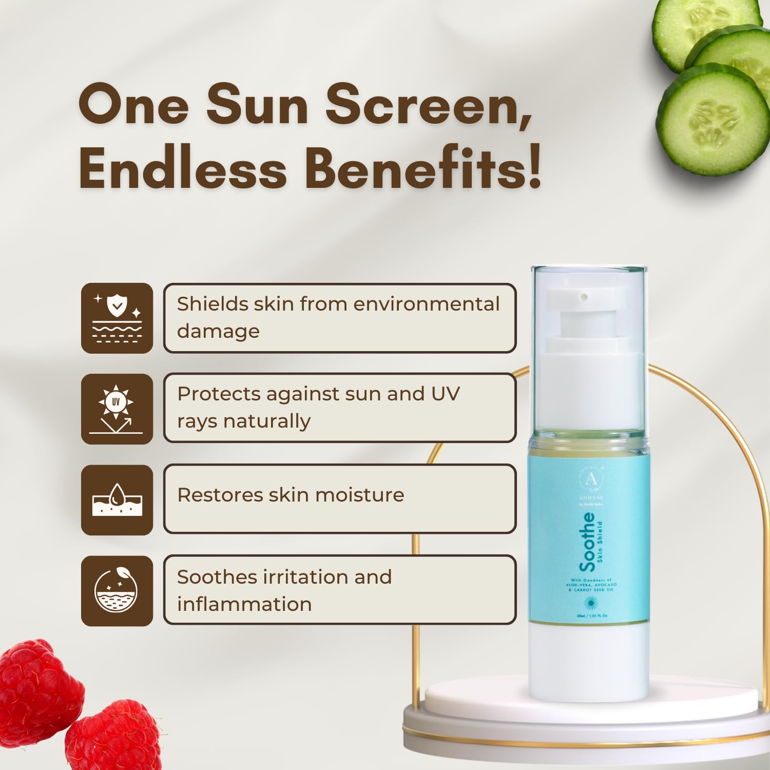 ADHYAY Soothe Natural Sunscreen with Red Raspberry Seed Oil, Carrot Seed Oil, Avocado & Aloe Vera – Chemical-Free Broad Spectrum Sun Protection for Face & Body – Non-Greasy, Travel Size – 30ml - Image 4