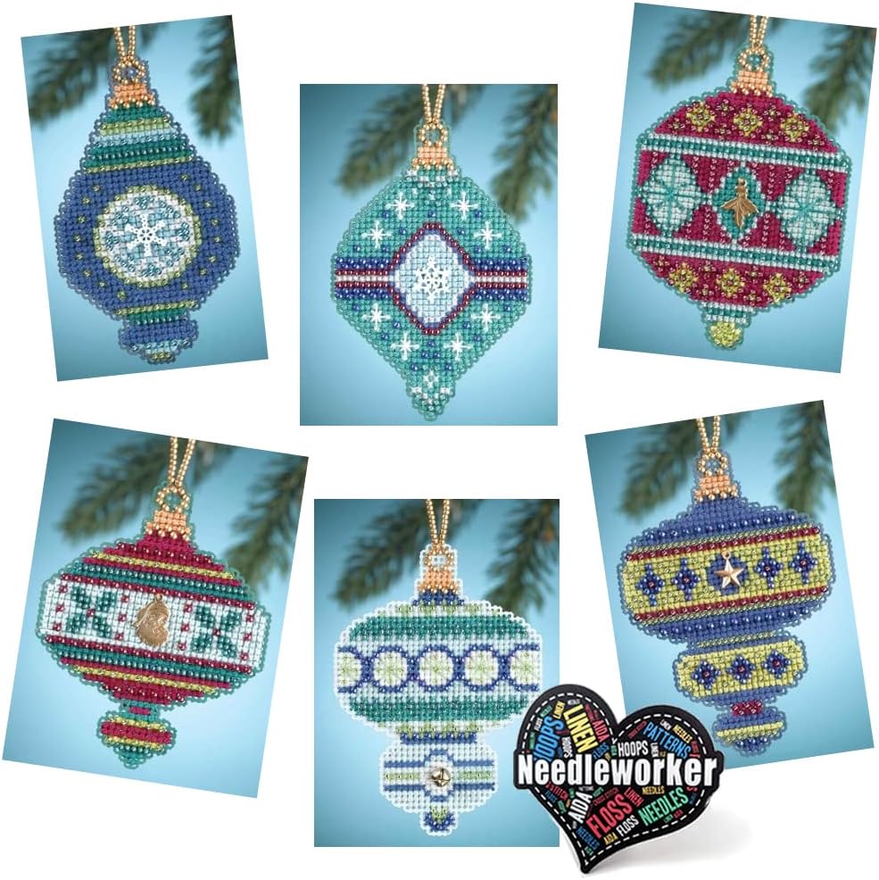 Christmas Jeweled Ornaments (2014) Mill Hill Counted Bead Holiday Kits, Set of 6 - Plus Decorative 'Needleworker' Sticker