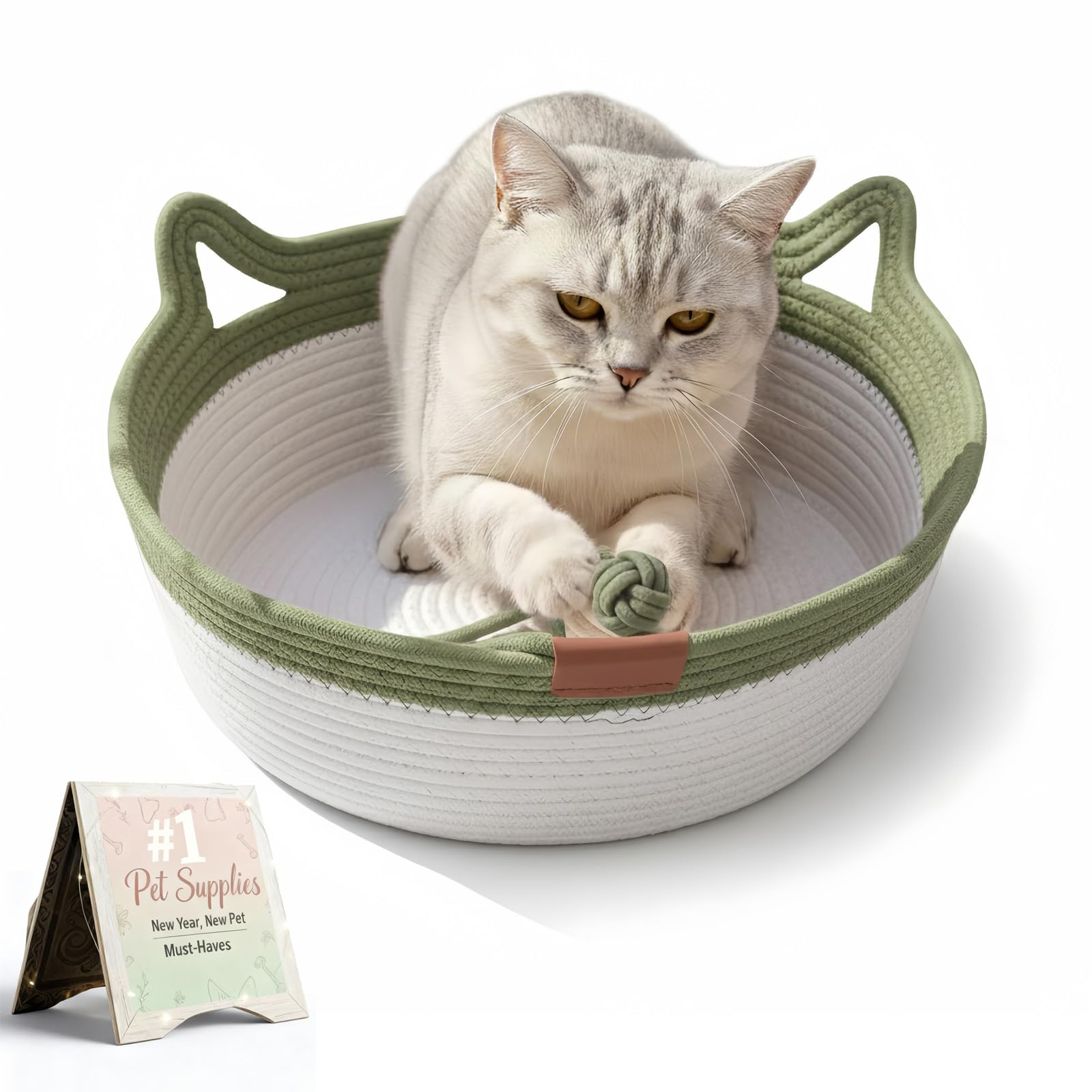Instinct Basket per gatti, letto arricchito a mano in corda di cotone con coda giocattolo attaccata, nido interattivo antigraffio per animali domestici, presenta pareti flessibili per combattere la