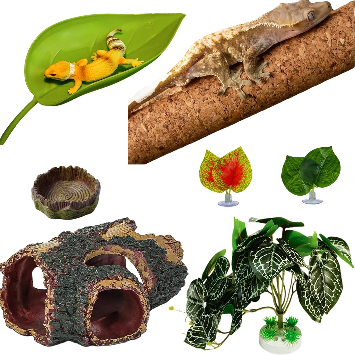 Crested Gecko Tank Accessories, Hanging Plants, Reptile Hide Caves Simulation Tree Hideout, Cork Climbing Stick Reptiles,Feeding Ledge, Snakes, Hermit Crab, Leopard Gecko