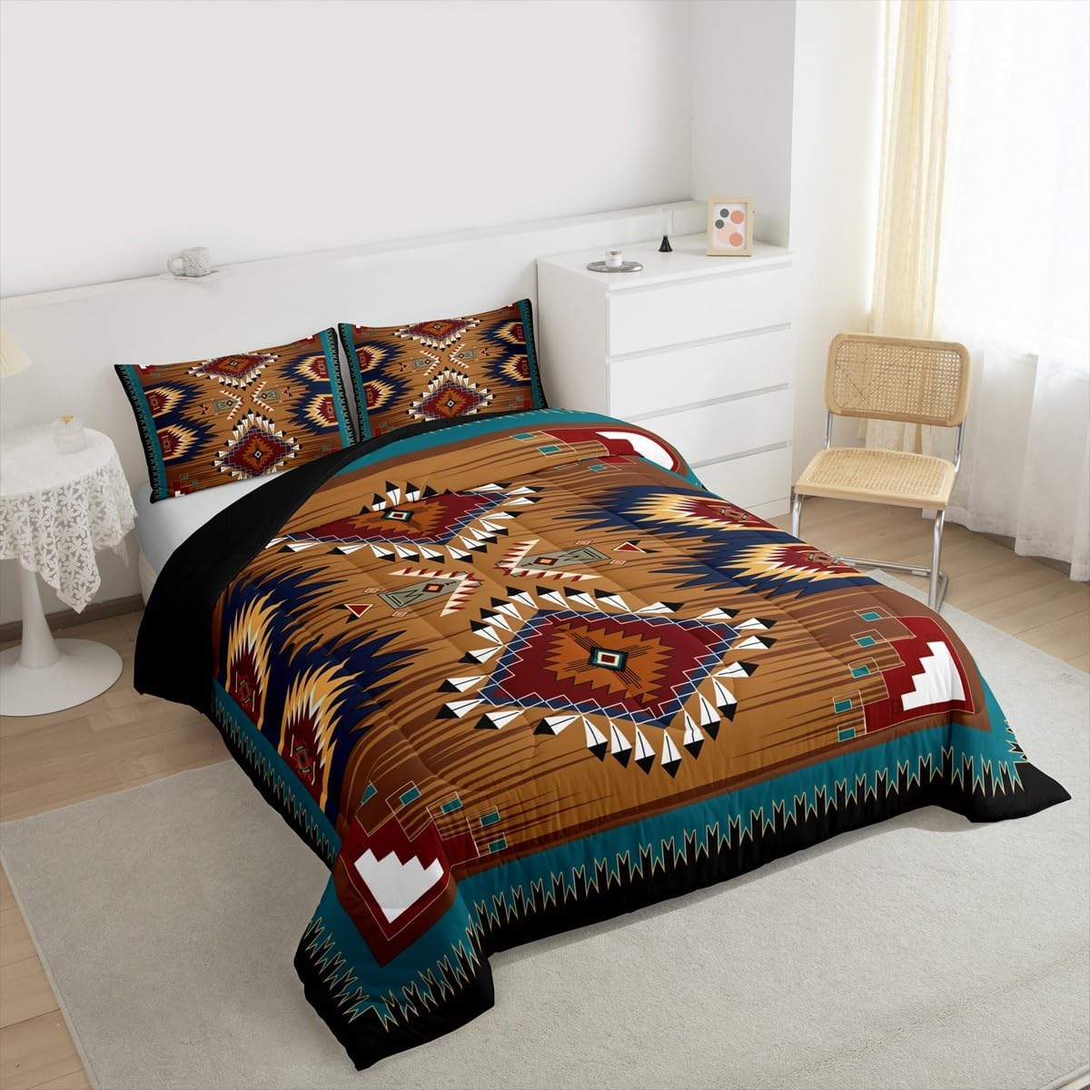Erosebridal Bohemian Decor Bedding Set, Southwestern Native American Comforter Set Boho Aztec Exotic Quilted Duvet Vintage Rustic Farmhouse Duvet Insert Country Western Room Decor, Queen Size - Image 6