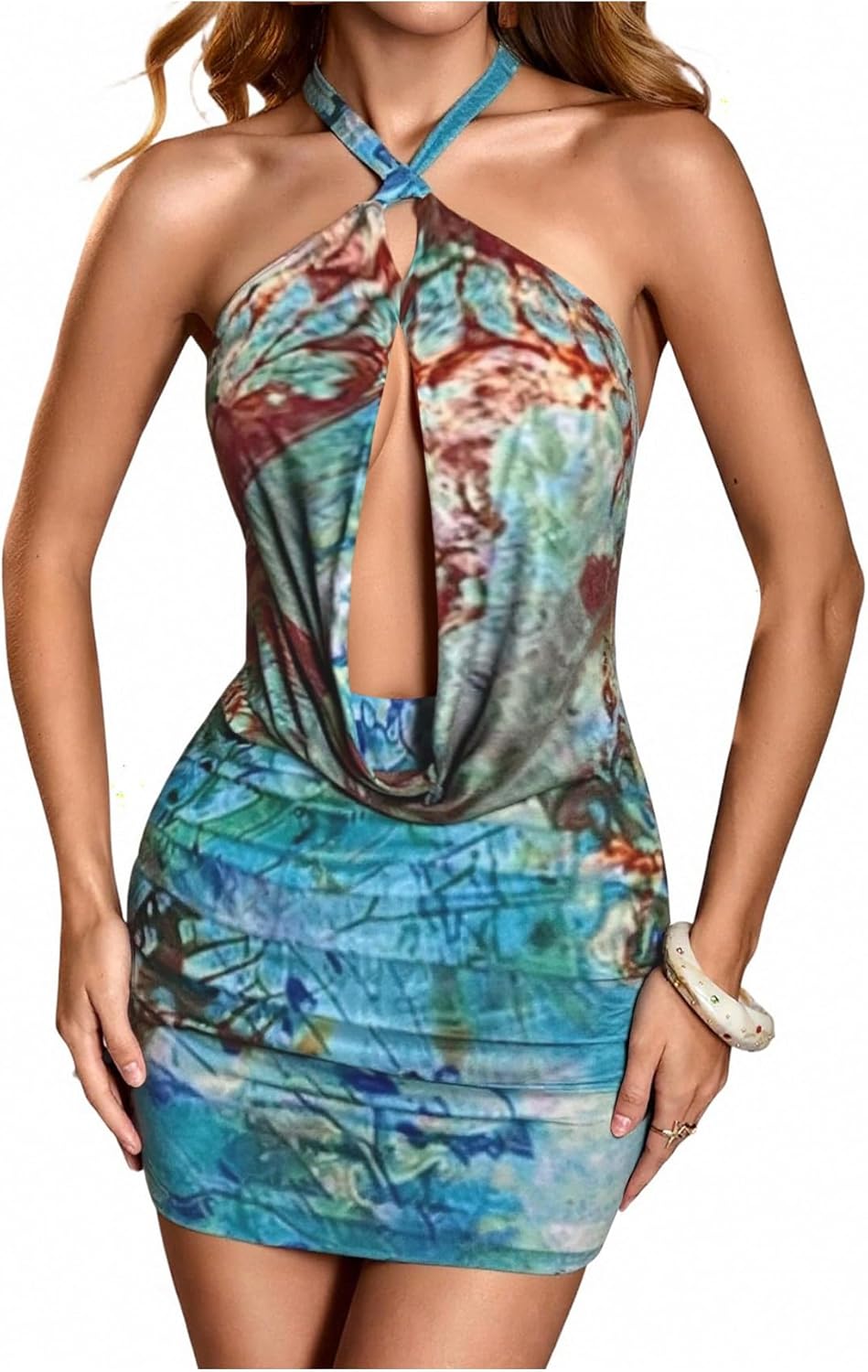 SHENHE Women's Sexy Halter Deep V Plunge Open Back O Ring Chain Ruched Bodycon Mini Dress