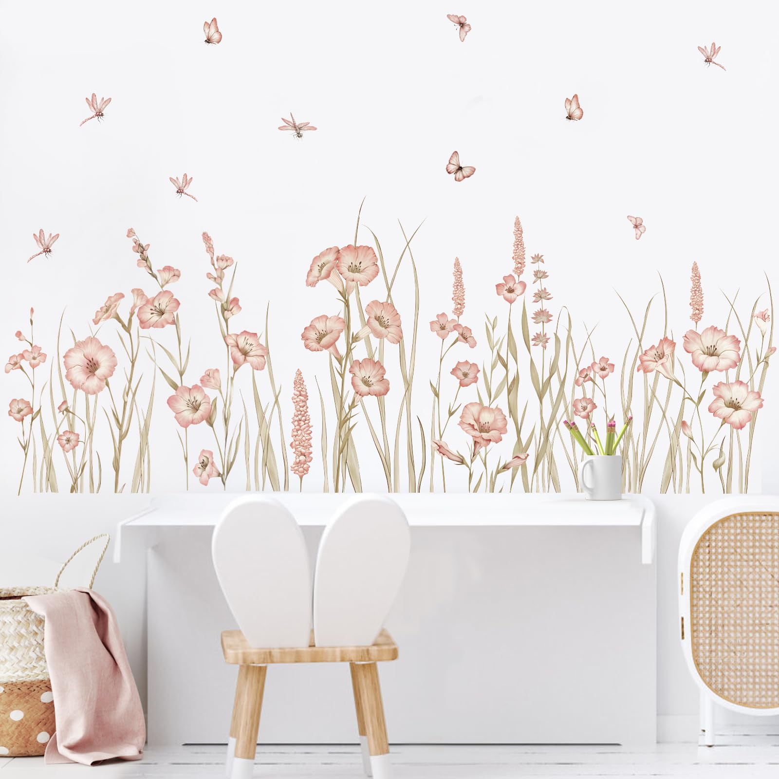 Vinilos de Pared Amovible Flor Rosado, Pegatinas de Pared Flores Vinilo Adhesivo, Decoraciones de Pared para Niña Infantil, Recomendar Tamaño Final: 56cm* 151cm