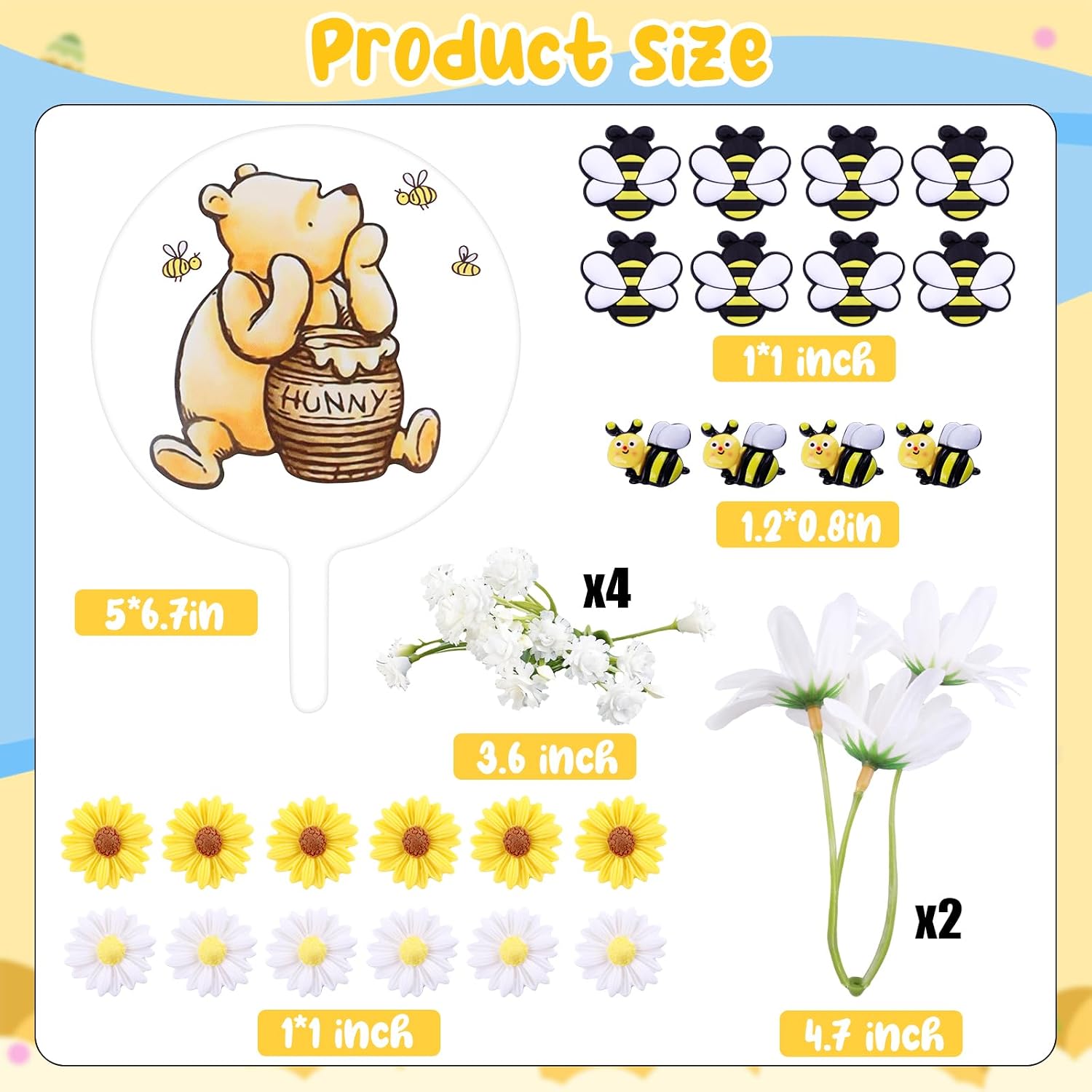 MEMOVAN Winnie Bear Cake Topper Winnie Bee Cake Decorations Pooh Bear Toppers Little Figurine Bee Cupcake with Classic Pooh Bees Daisys Sunflower for Oh Baby Bees Theme Shower Birthday Party