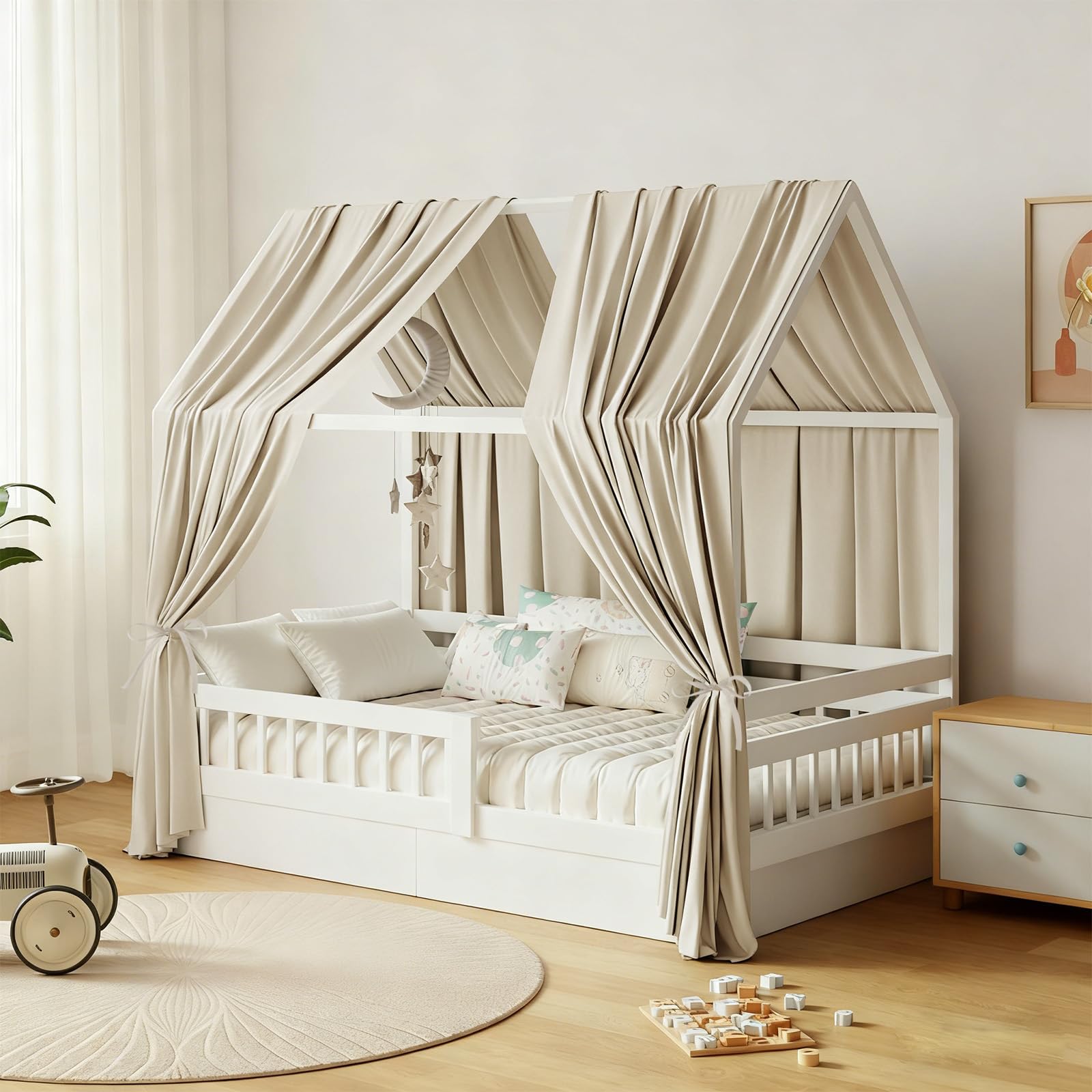 GFCC Ciel de Lit Cabane Ensemble de Décoration avec 2 Pièces Rideaux Lit Cabane Enfant Baldaquin Ciel en Tissu de Maison Chambre pour Fille Garçon,62 x 270 cm Camel