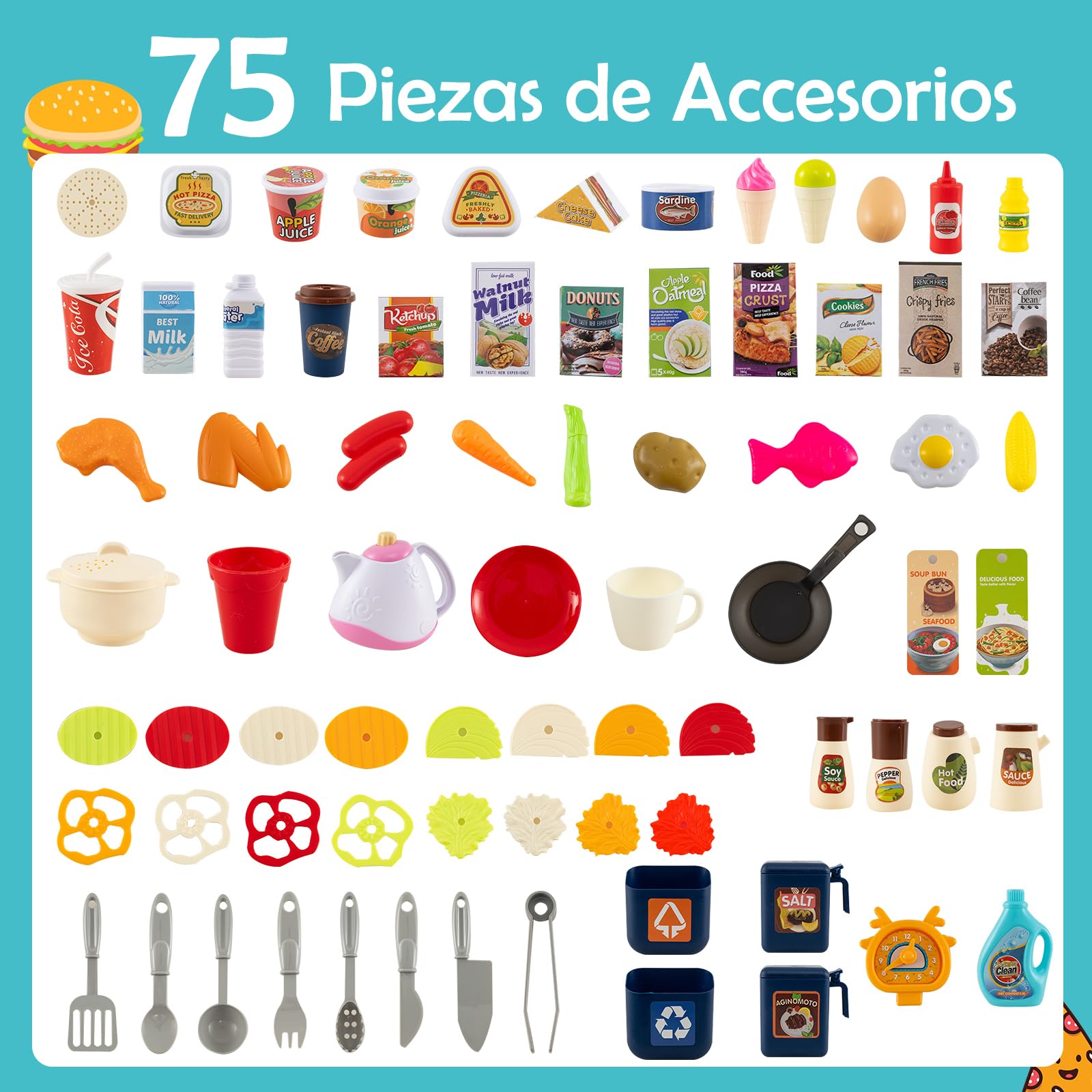 GOPLUS Cocina de Juguete para Niños, Cocinita Infantil con Sonidos y Luces, Fogón a Vapor Realista, Fregadero con Circulación de Agua, 75 Accesorios, Juego de Imitación para Niños de 3+ Años (Azul)