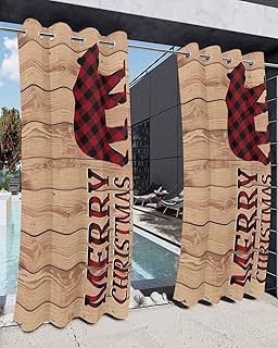 Outdoor Curtains for Patio Waterproof 84 Inches Long, Red Black Plaid Bear Sun Blocking Privacy Window Treatment, Farmhouse Cabin Brown Wood Grain Outside Curtain for Porch, Gazebo, 54" x 84"