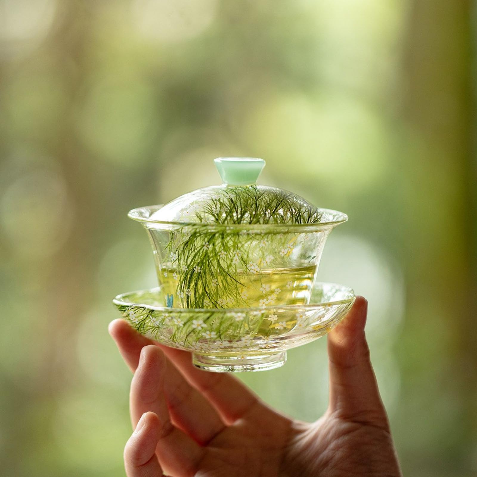 Handgezeichnetes Glas Gaiwan, 95 ml, Borosilikat, transparent, Teeschale, Kung-Fu-Tee-Set