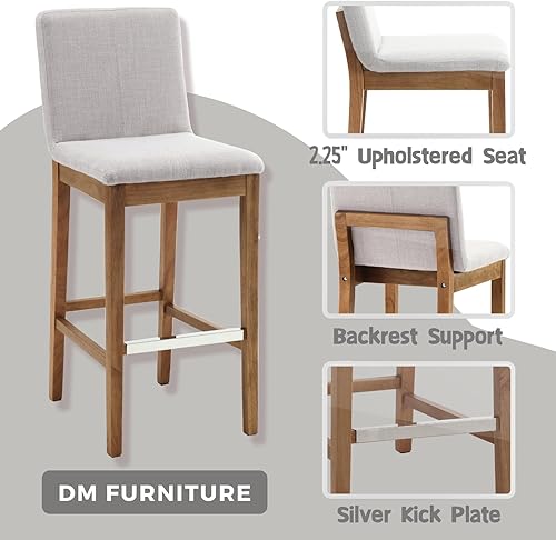 Miniatura 5 de Juego de 2 taburetes de bar para isla de cocina, 30 pulgadas, de madera maciza de mediados de siglo, con respaldo, tela de lino tapizada, color gris