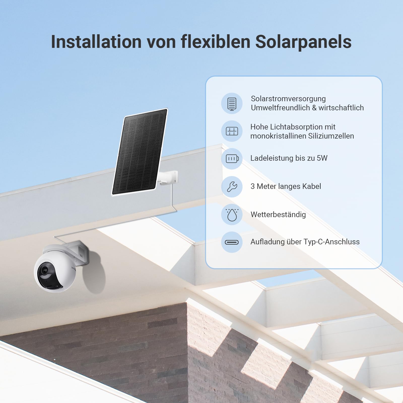 EZVIZ 5W Solarpanel mit Typ-C-Anschluss, Stromversorgung für Überwachungskamera Akku Solar, Wasserdicht, 360° Einstellbare Installation, Unterstützt Ständige Stromversorgung (mit 3 m Kabel)