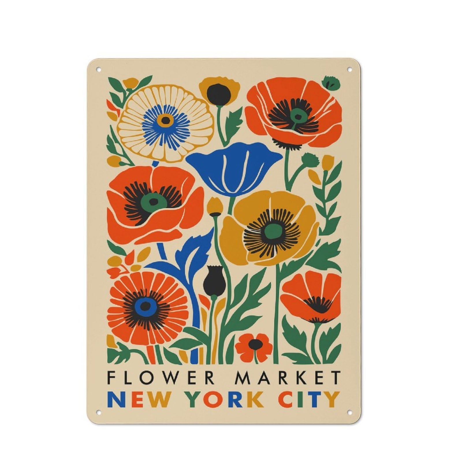 Junmoney Style-15 Flower Market New York City Metal Wall Plaque 40X30cm, Character Room Wall Plaque For Hallway, Home Bar, Garage Or Study