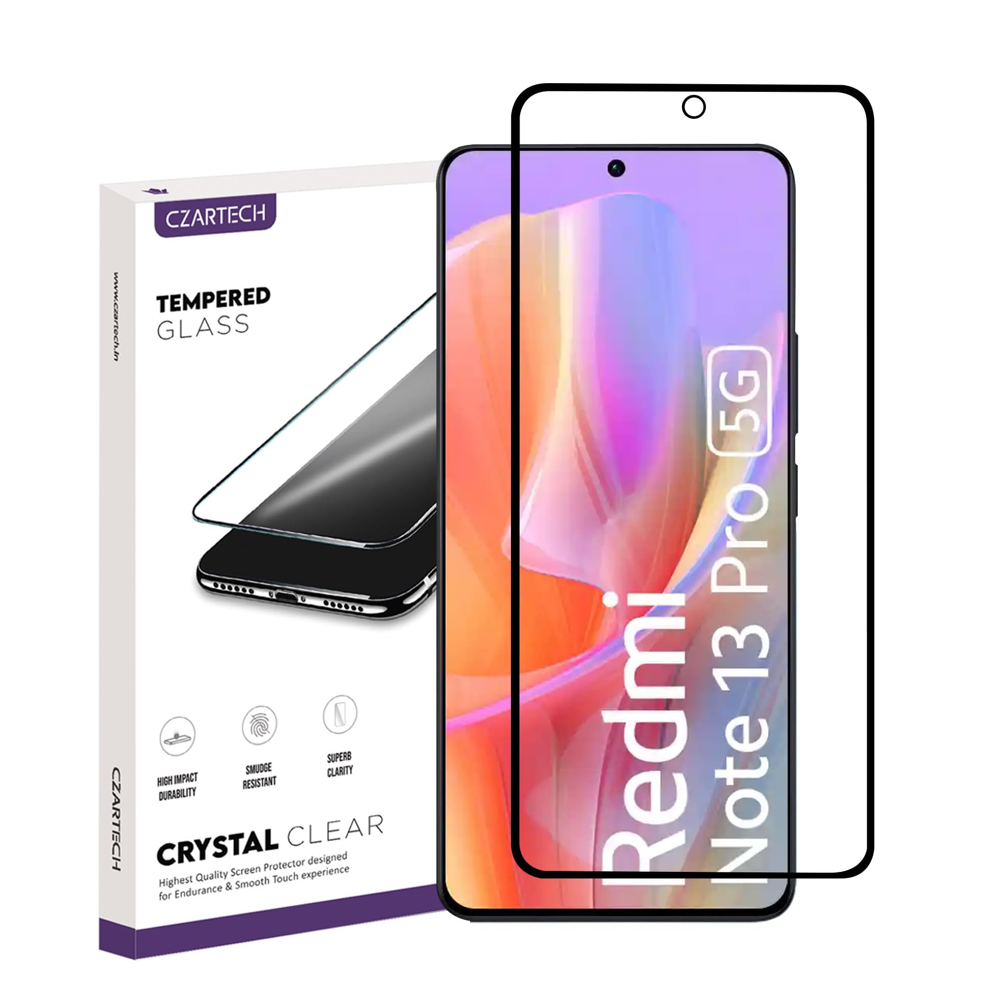 Czartech Tempered Glass For Xiaomi Redmi Note 13 5G / Redmi Note 13 Pro 5G Smartphone Screen Protector Edge-To-Edge Protector With Easy Cleaning Kit