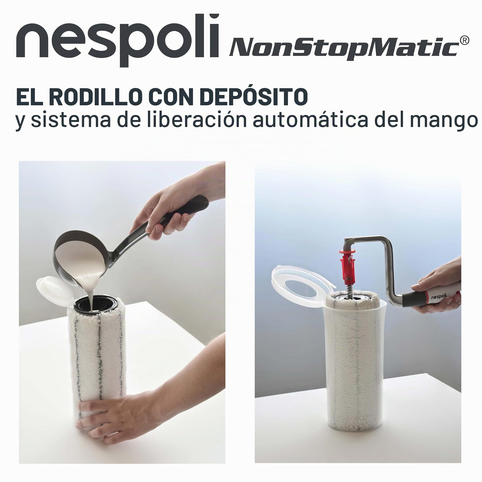 Nespoli Rodillo de Pintura, 21 cm, con Sistema NonStopMatic, con Reserva de Pintura Integrada y Mecanismo de Desbloqueo Automático