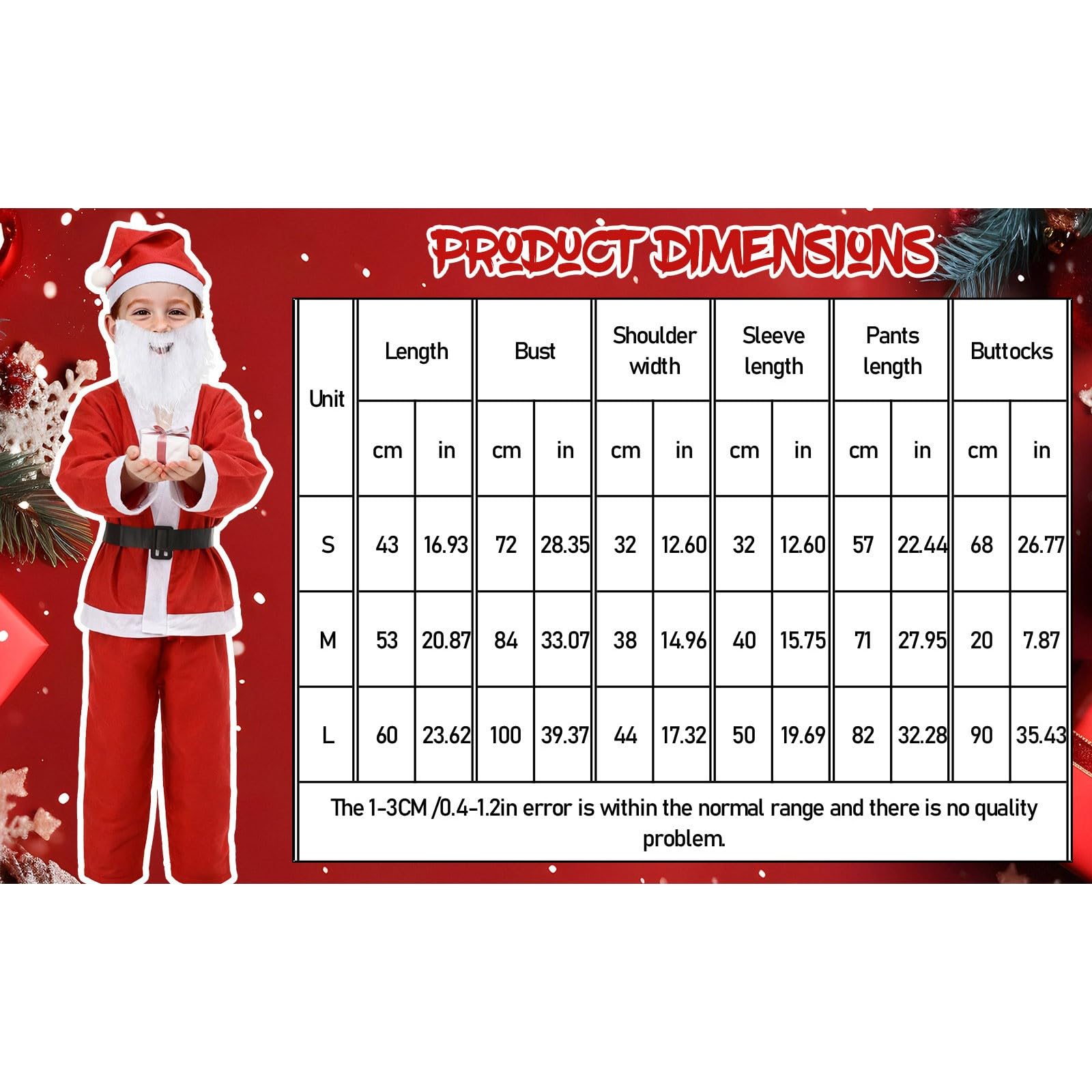 Generisch Costume da Babbo Natale per bambini con cappello, barba e cintura