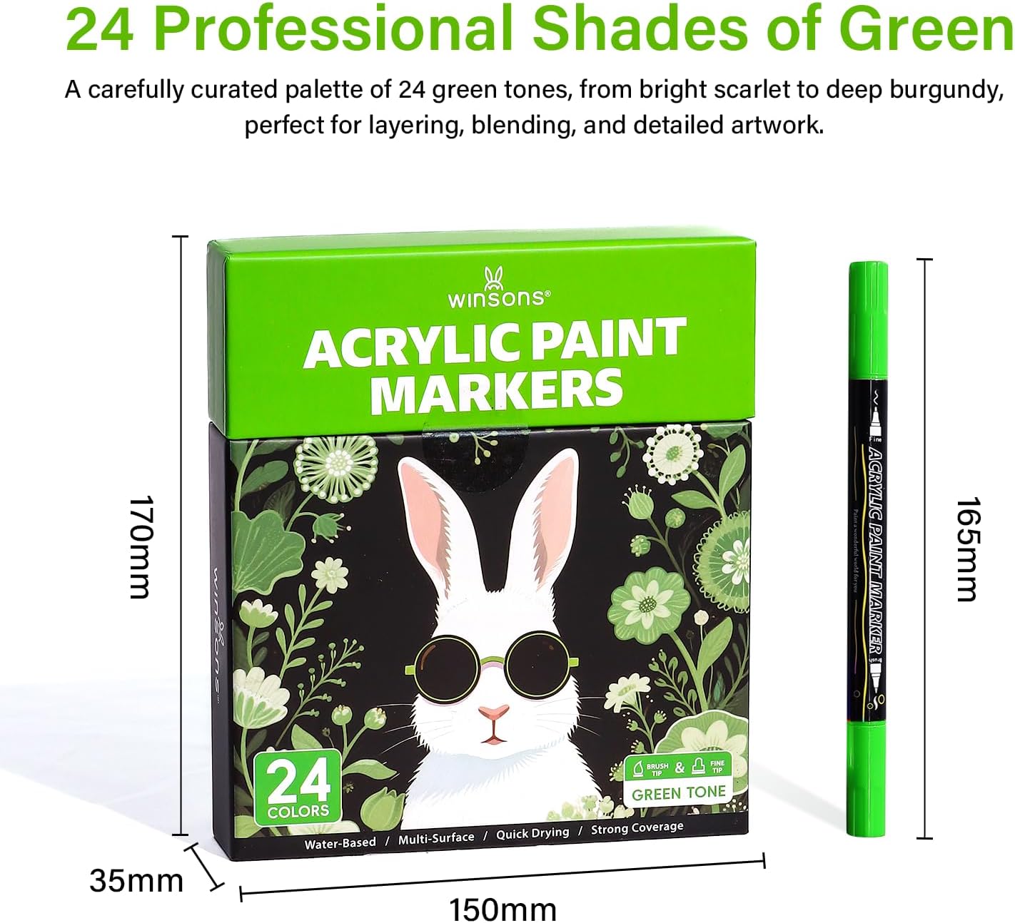 24色アクリルペイントマーカーセット &ndash; 鮮やかな油性ペイントペン ブラシと細いペン先 水性速乾 ロックペインティング キャンバス