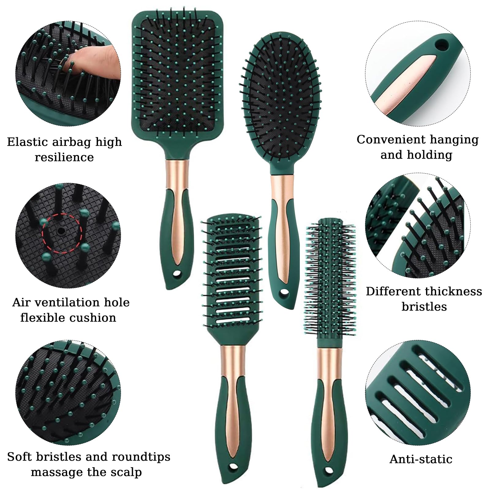 Hair Brush Set ,DDUP 4 PACK Anti Static Massage Oval Comb Round Vent Hair Brush,Detangling Brush ,Paddle Brush for Women Men (Green) - Image 3
