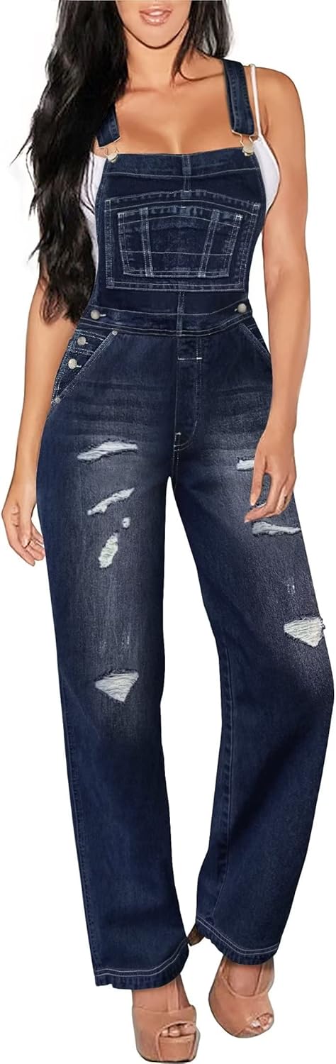 Hybrid & Company Womens Casual Destructed Adjustable Denim Jumpsuit Stretch Overalls Jeans Pants