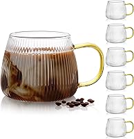 Vista 1 de AVLA 6 Pack Glass Coffee Mugs, 16 OZ Unique Vertical Stripes Coffee Cup, Clear Large Tea Glasses with Handle, Vintage Transparent Glassware for