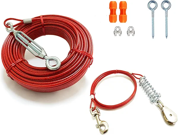 Heavy Duty Aerial Dog Tie Out Trolley System for Small to Large - Dog Run Cable 100ft /75ft Zipline with 10ft Runner Cable Great for Yard Camping Outdoor (Red, 75 ft for one up to 200 lbs)