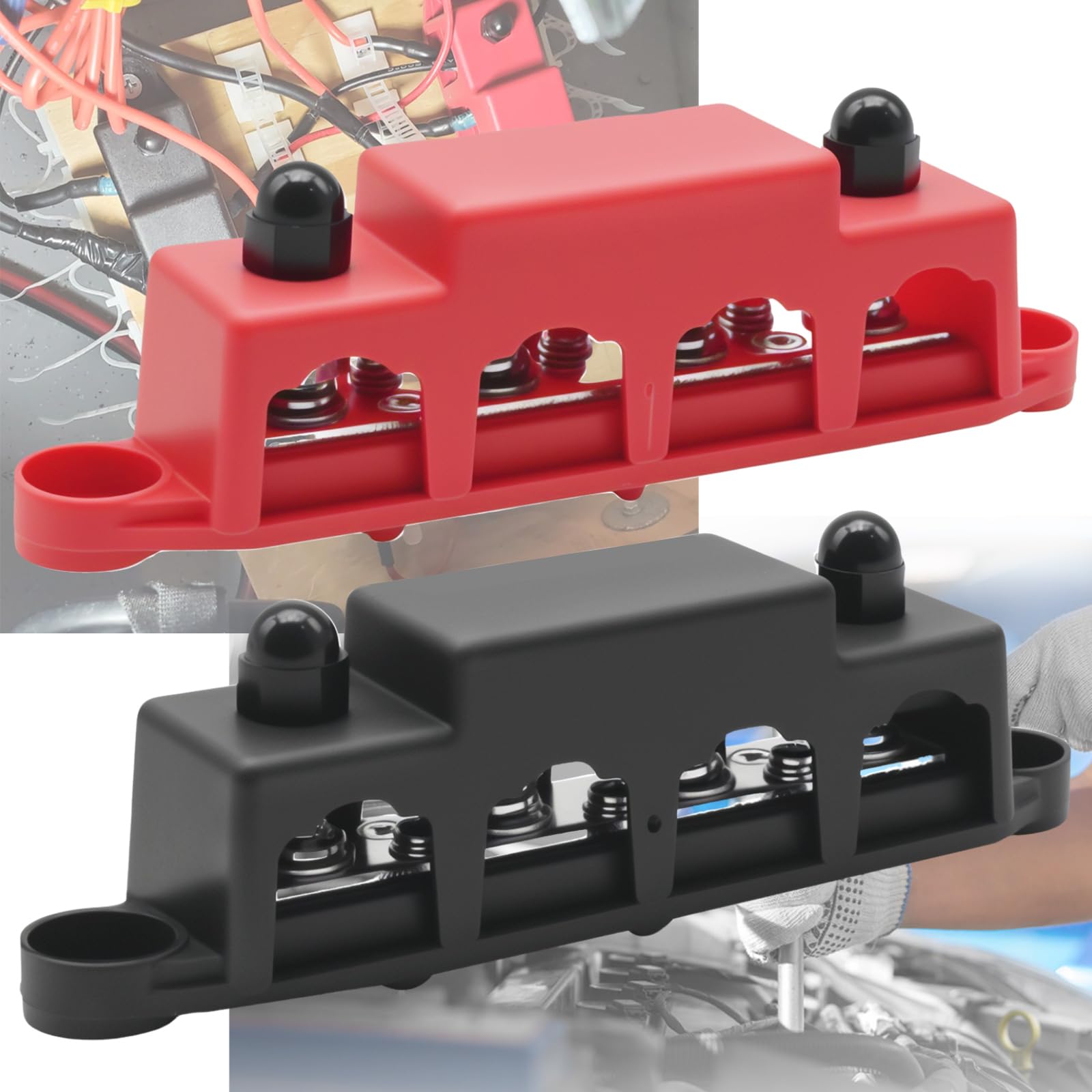 Hoypeyfiy 2 blocchi di distribuzione del bus, 12 V-48 V DC, binari di distribuzione 250 A, BusBar Box con 4 bulloni M8, adatti per auto camper (rosso, nero)