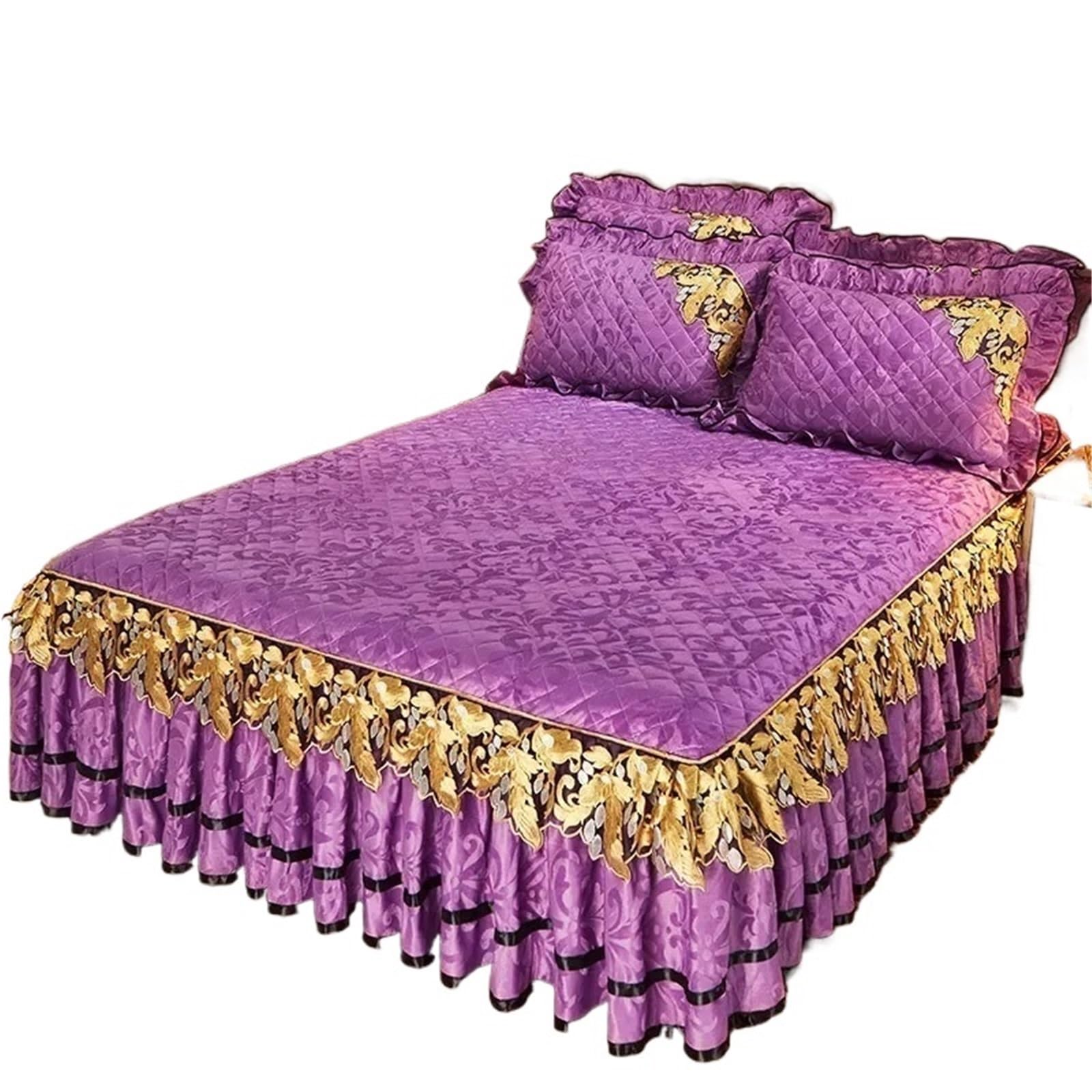 Plush Winter Warm Bedspread On The Bed Thickened Skirt-style Embroidery Quilt Bedding Cover Pillowcases(Purple,Bed Sheet 150x200cm)
