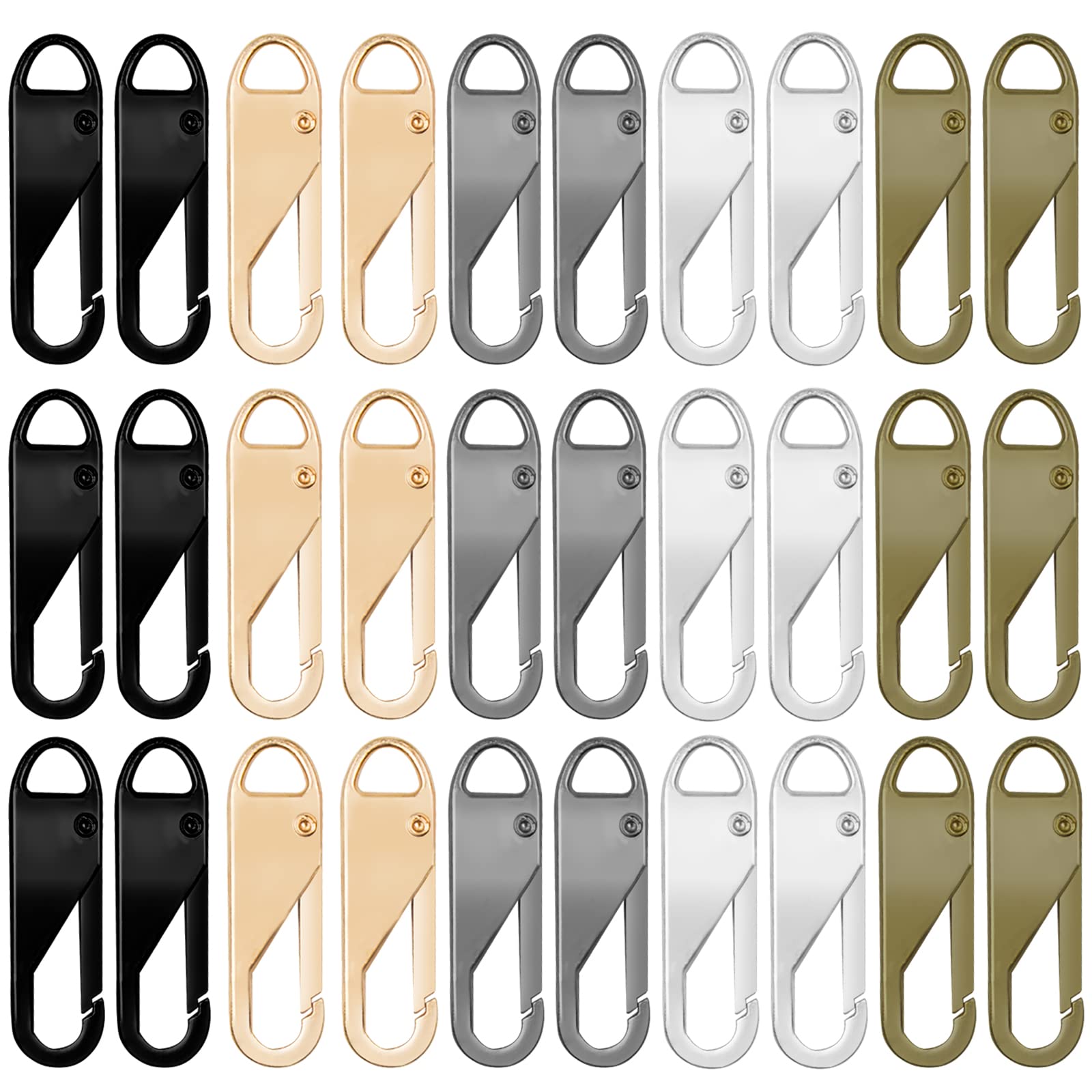 30pcs Detachable Zipper Repair Kit - Metal Zipper Pull Tabs for Luggage, Clothing, Backpacks, Boots, Purse (Black+Silver+Grey+Gold+Bronze)