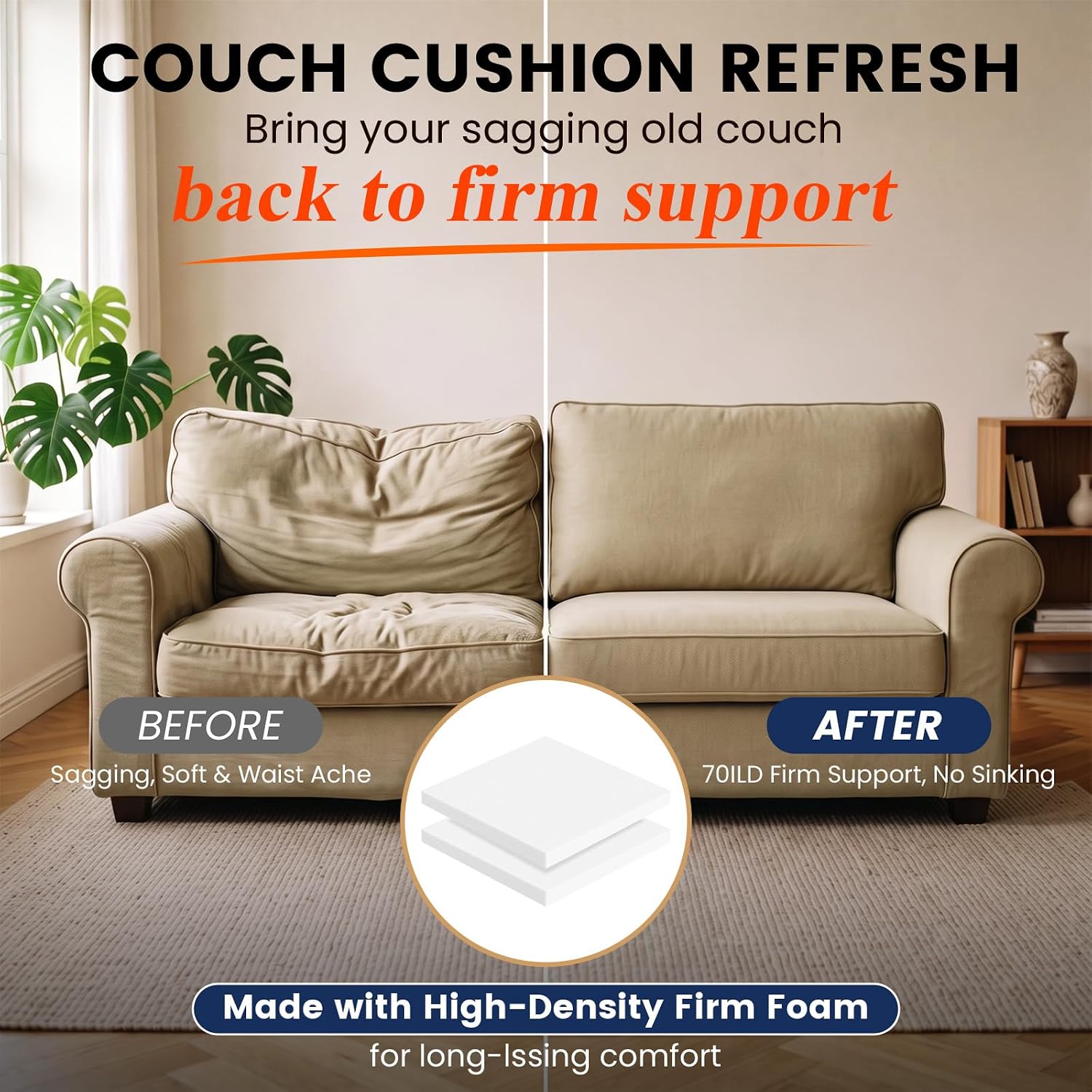 2" X 20" x 20" High Density Upholstery Foam, 2PCS Couch Cushion Replacement