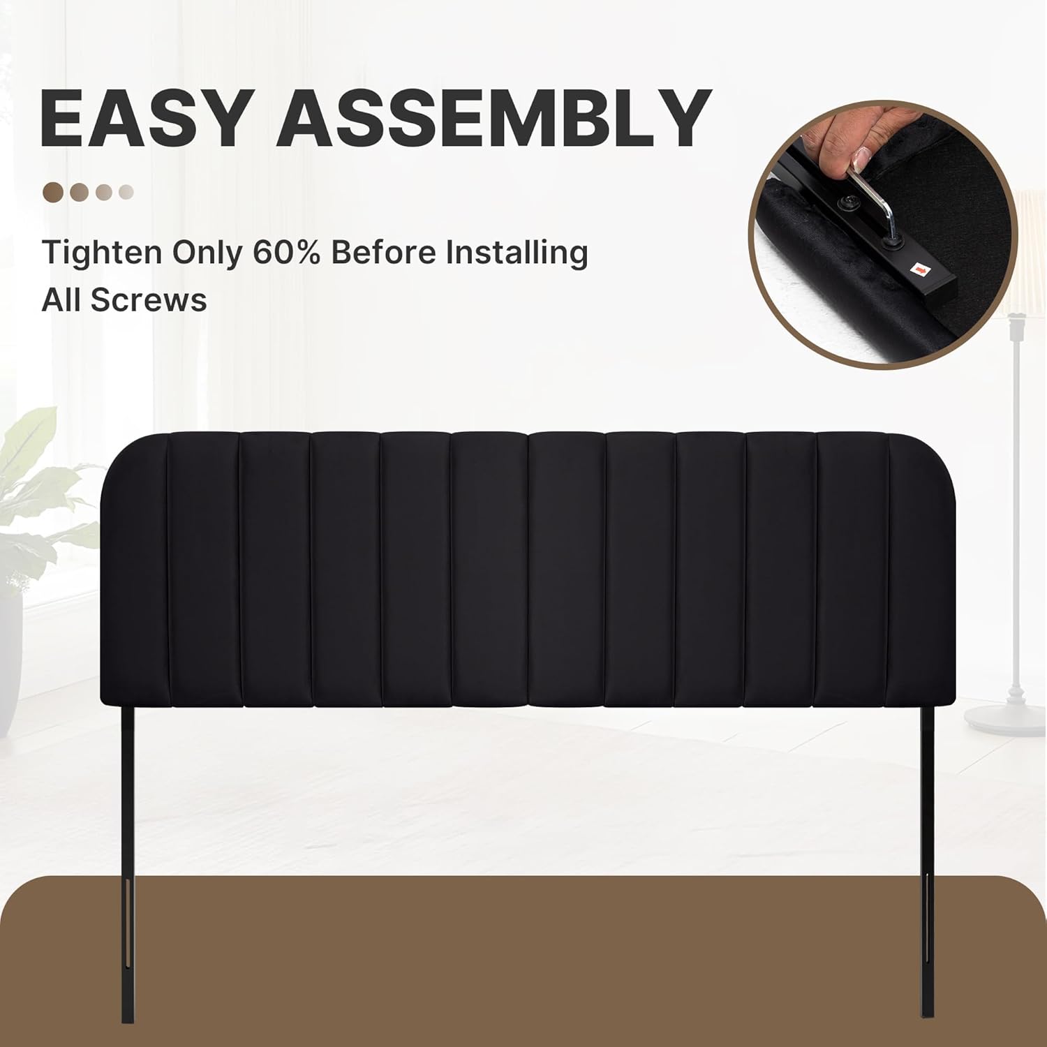 King Headboard Only - Upholstered Headboard for Bed, Easy Assembly, Velvet Covered Sponge, Place Between Bed & Wall, Adjustable Metal Legs with Non-Slip Pads, Black