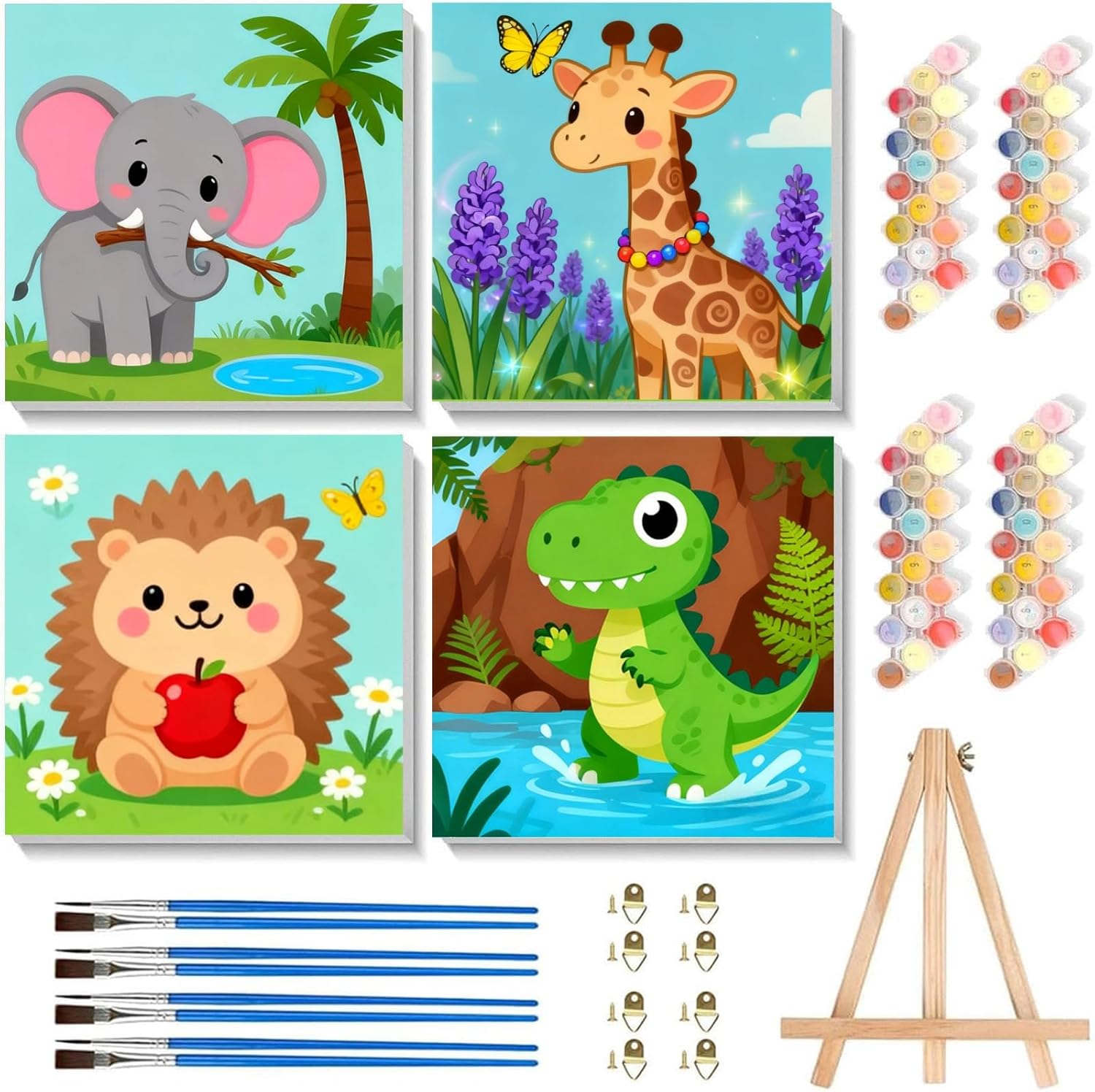 Arttoplus 4 Pack Paint by Numbers Kit for Kids with Frame, Animals Kids Paint by Numbers Ages 4-8-12 with Wooden Easel,Easy Cute DIY Acrylic Oil Painting by Number for Gift Home Wall Decor(8x8 inch)
