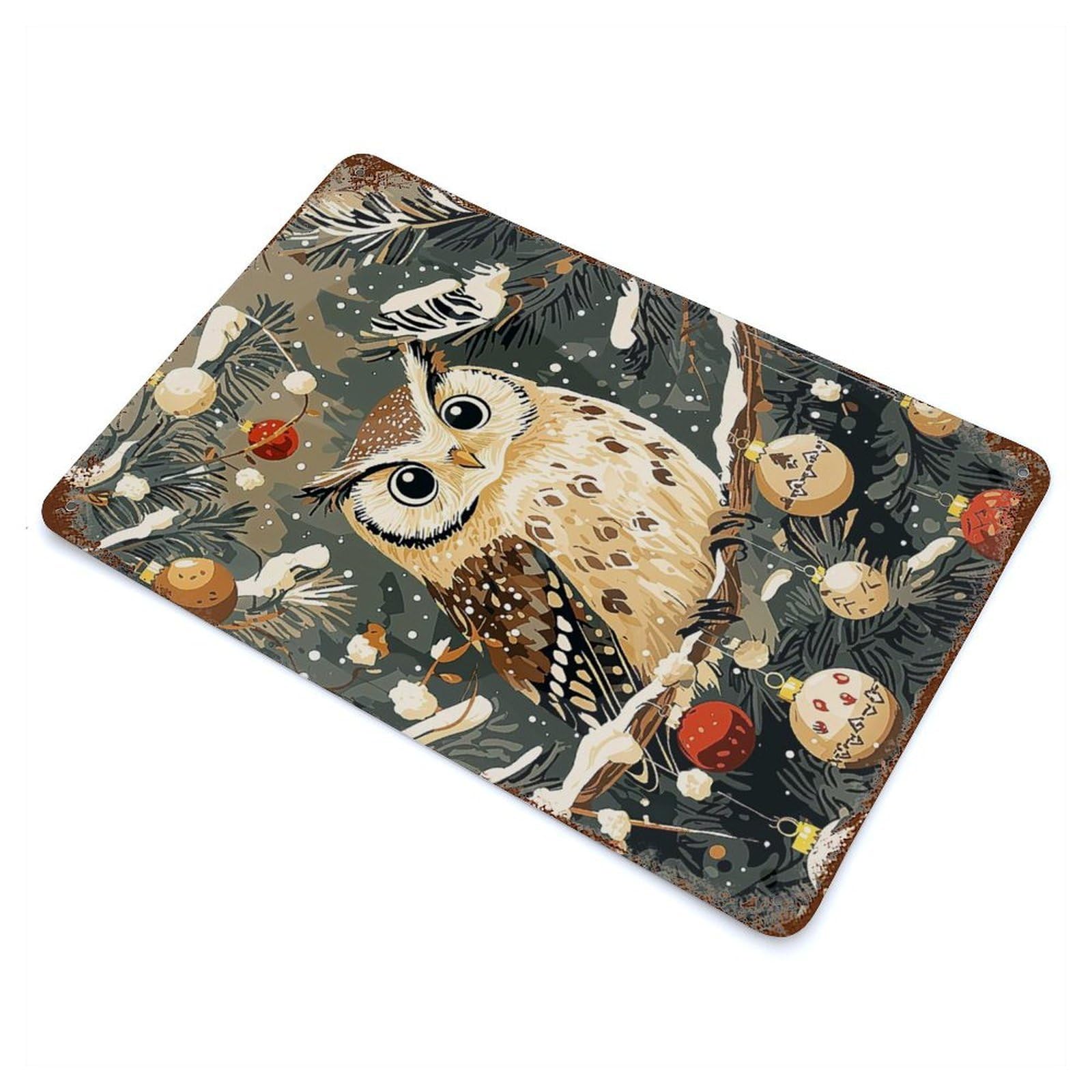 Owl Christmas Ornament Rusty Metal Tin Sign 11.8"x7.9", Ideal for Farmhouse, Kitchen And Entryway Decor