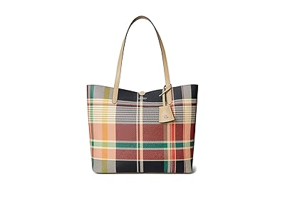 Lauren Ralph Lauren Faux-Leather Large Reversible Tote Bag Handbags Sand Dune/Sunset Plaid, Faux Leather/Polyurethane