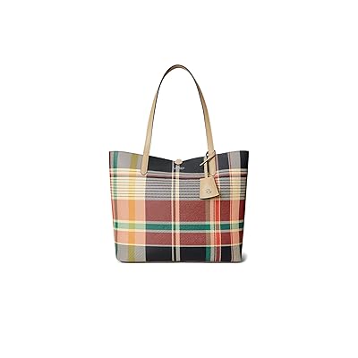Lauren Ralph Lauren Faux Leather Large Reversible Tote Bag Handbags Sand Dune/Sunset Plaid, Faux Leather/Polyurethane