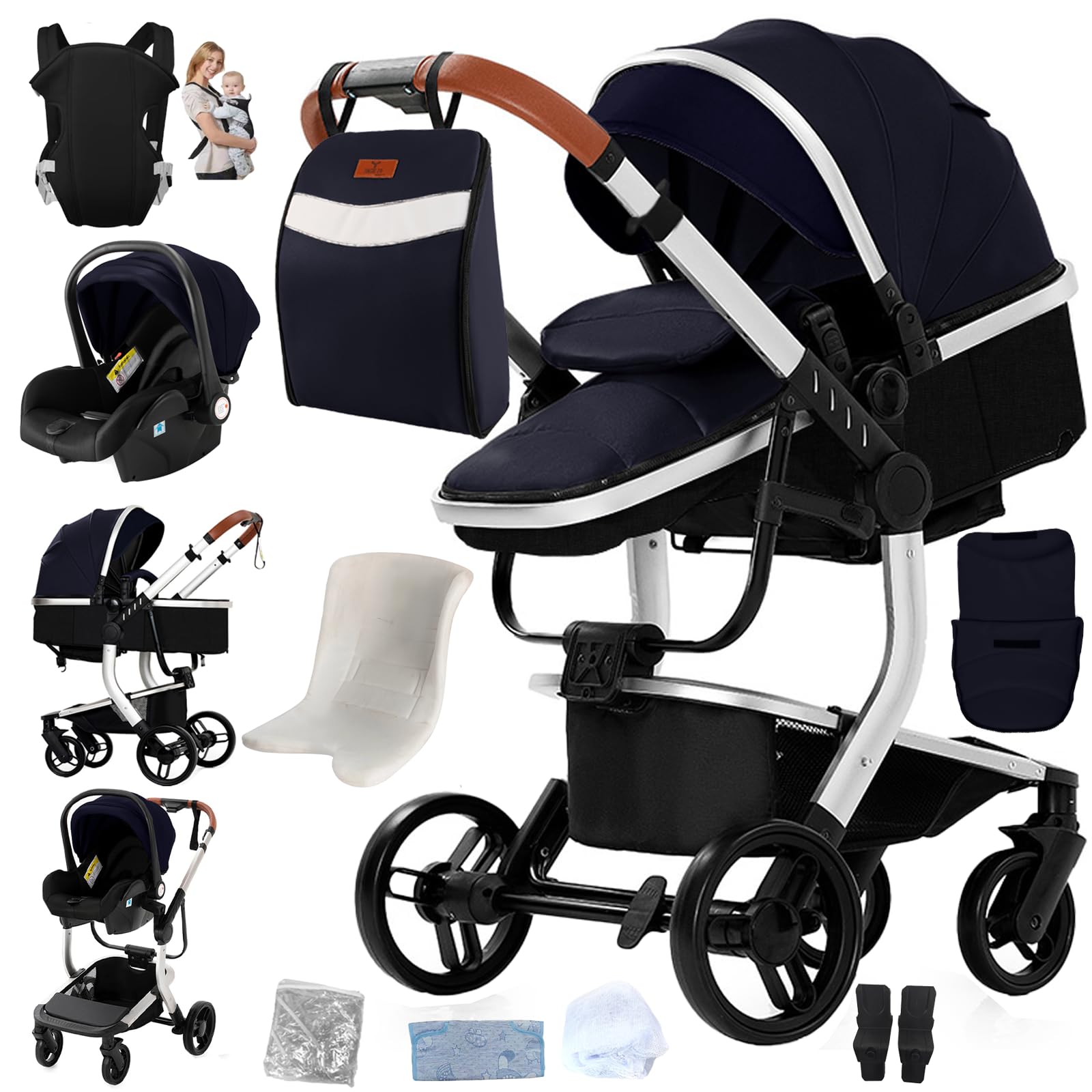 Magic ZC PU-Leder Kinderwagen 3 in 1, Buggy mit Umkehrbarem Zwei-Wege-Schub, Kombikinderwagen Faltbarem Tragbarem One-Click-Design, Kinderwagen 3 in 1 Komplettset mit Zubehör (L518 Silver Blue)