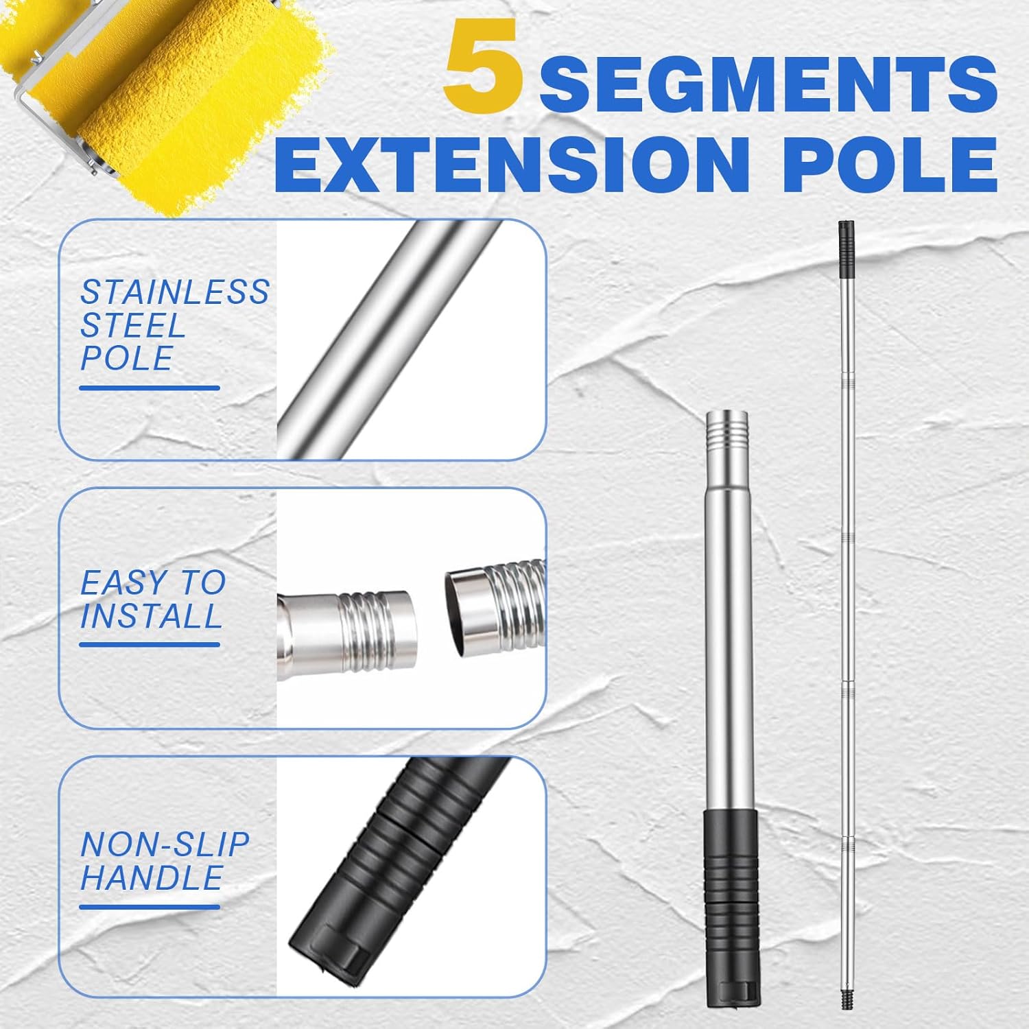 7 Piece Paint Roller Set, 12''-18'' Adjustable Roller Frame with Extension Rod, 4 Microfiber Covers & Gloves, for Walls Ceiling Floors Indoor Outdoor Use