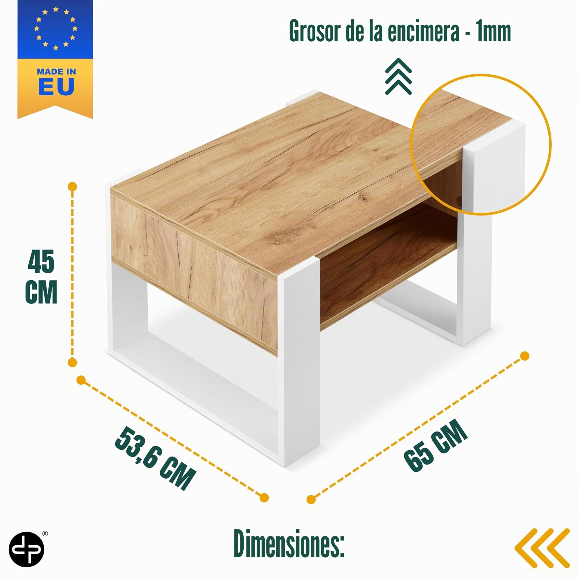 defiPad Mesa de centro moderna, roble, 65 cm de ancho, mesa de café maciza y estable, mesa de sofá, color blanco + roble