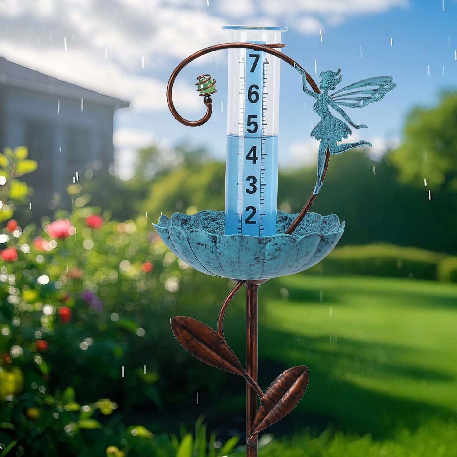 WONDER GARDEN Rain Gauge Outdoor, Decorative Fairy Rain Gauges Outdoors Best Rated, Freeze Proof Glass Water Rain Measure Gauge with Bird Feeder for Yard Patio Lawn Decor
